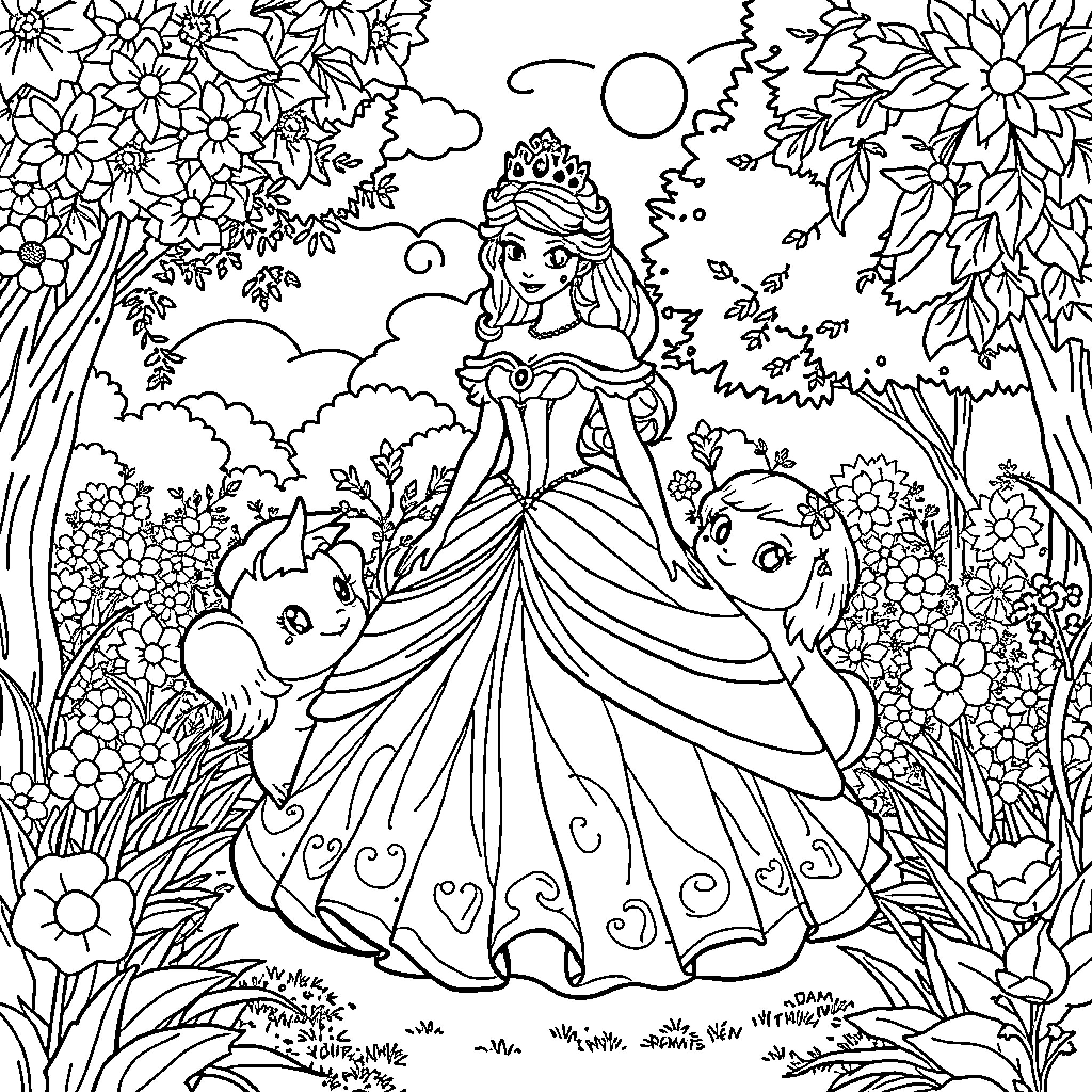 Princess enjoying a floral garden scene Coloring Page (free black-and-white line drawing printable PDF for all, from beginners to advanced learners, including children, teens, adults, and seniors)