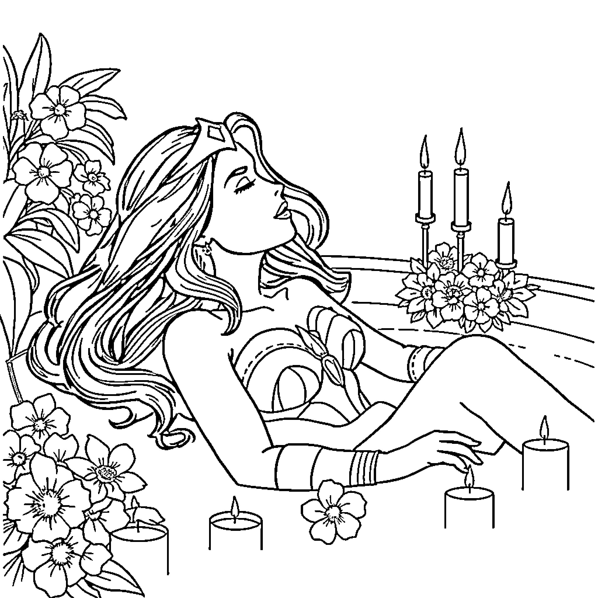 Wonder Woman in a serene floral scene Coloring Page (free black-and-white line drawing printable PDF for all, from beginners to advanced learners, including children, teens, adults, and seniors)