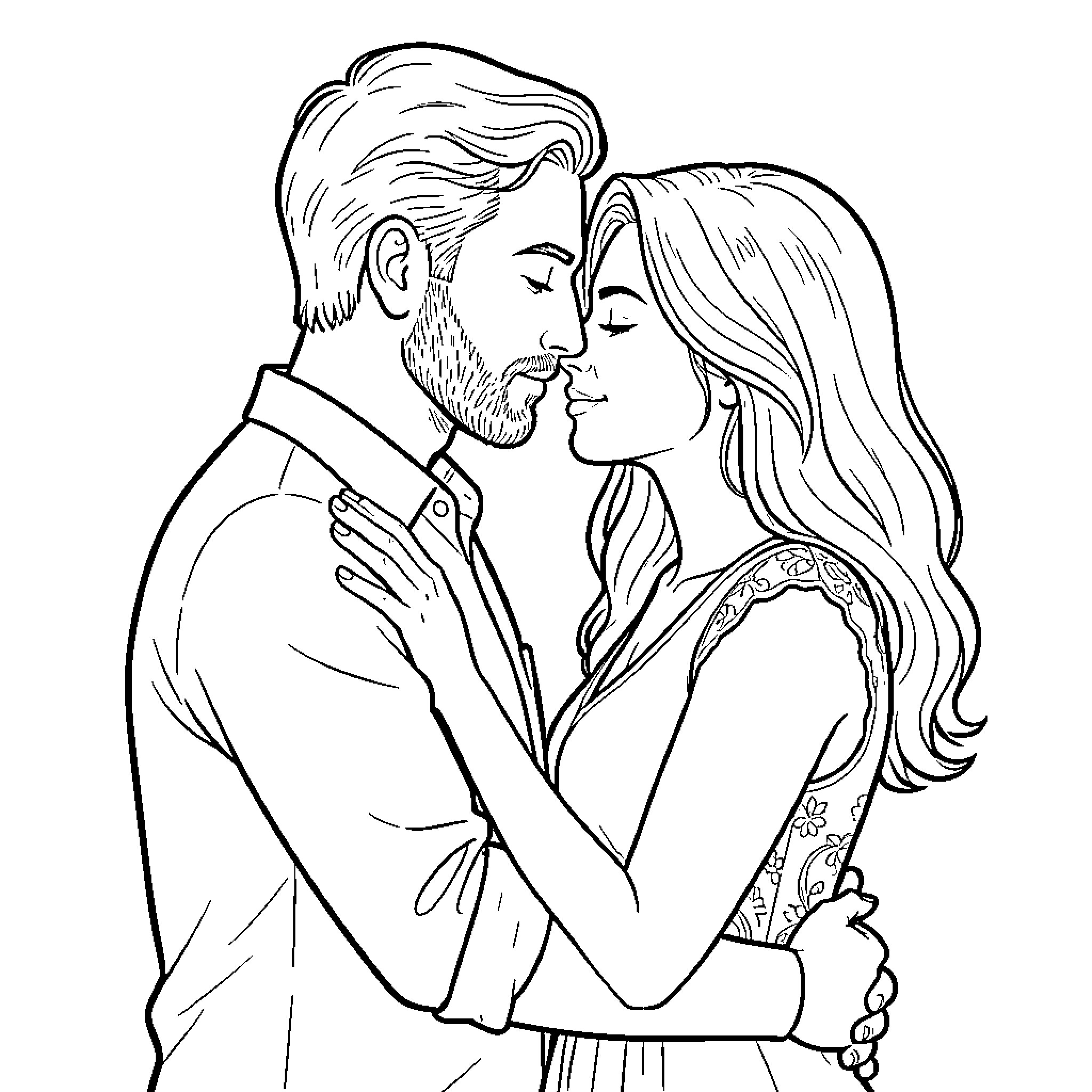 Homme et Femme s'embrassant tendrement dans une étreinte Coloring Page (free black-and-white line drawing printable PDF for all, from beginners to advanced learners, including children, teens, adults, and seniors)