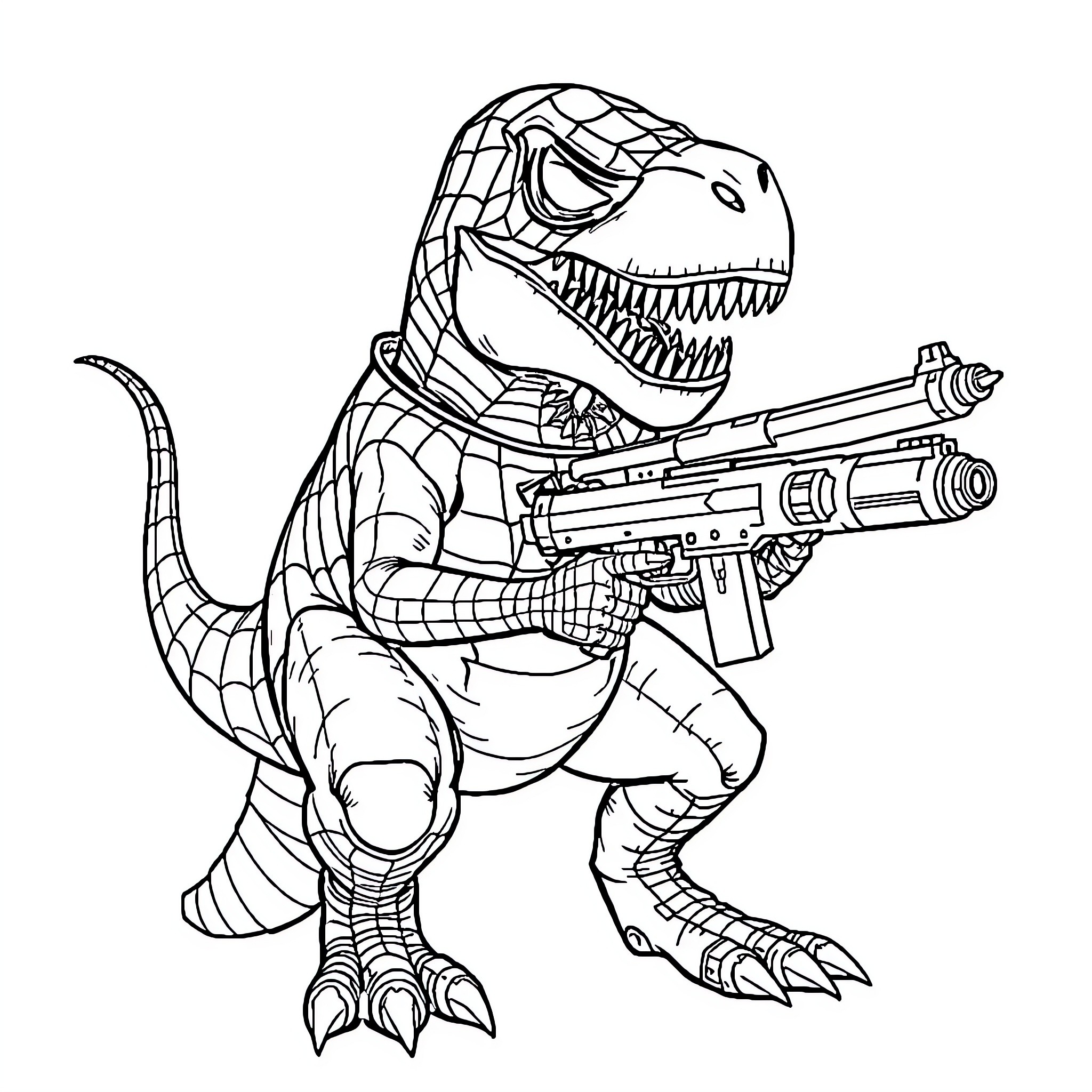 Spider-Man Dinosaur Wielding Futuristic Weapon Coloring Page (free black-and-white line drawing printable PDF for all, from beginners to advanced learners, including children, teens, adults, and seniors)