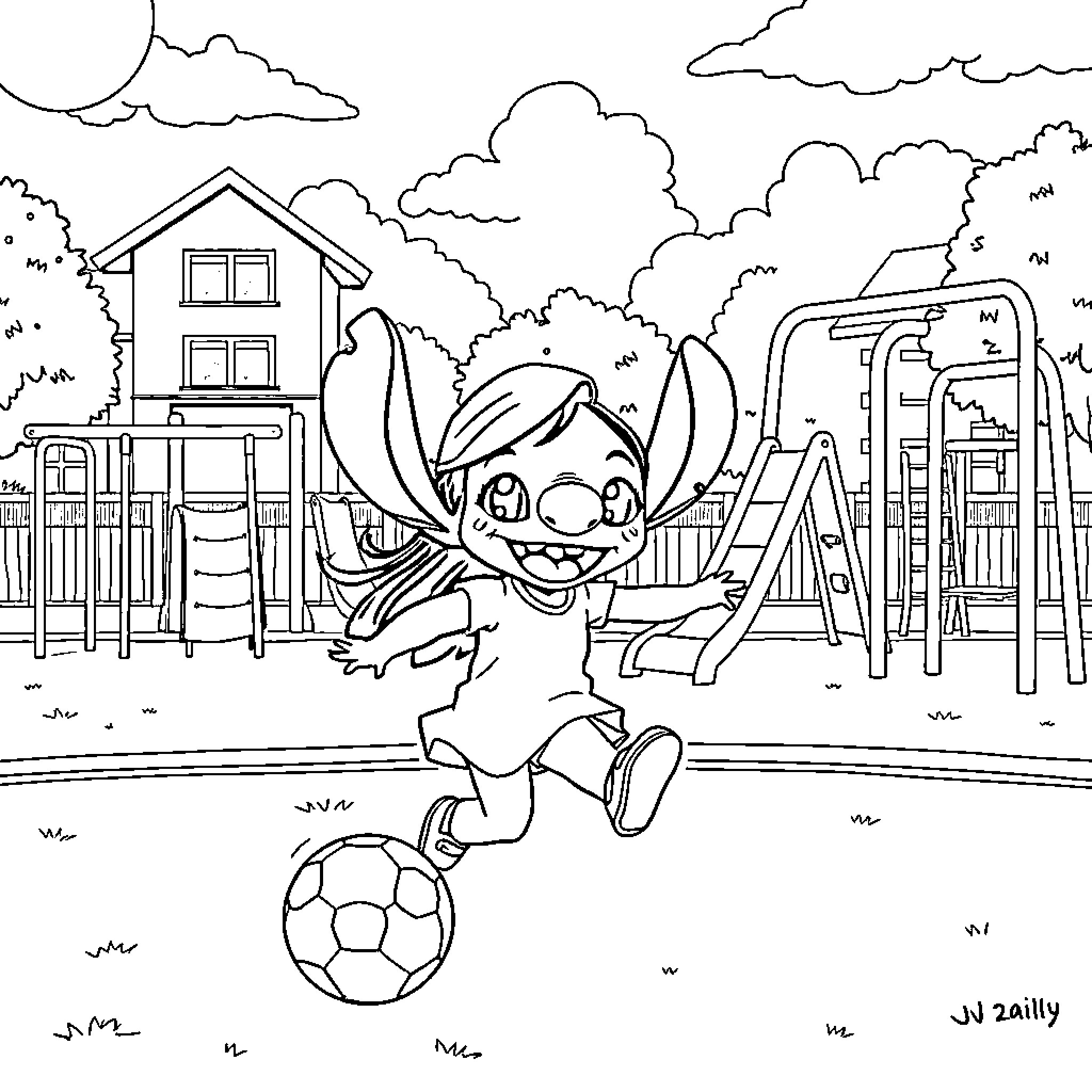 Lilo playing joyfully in the playground Coloring Page (free black-and-white line drawing printable PDF for all, from beginners to advanced learners, including children, teens, adults, and seniors)