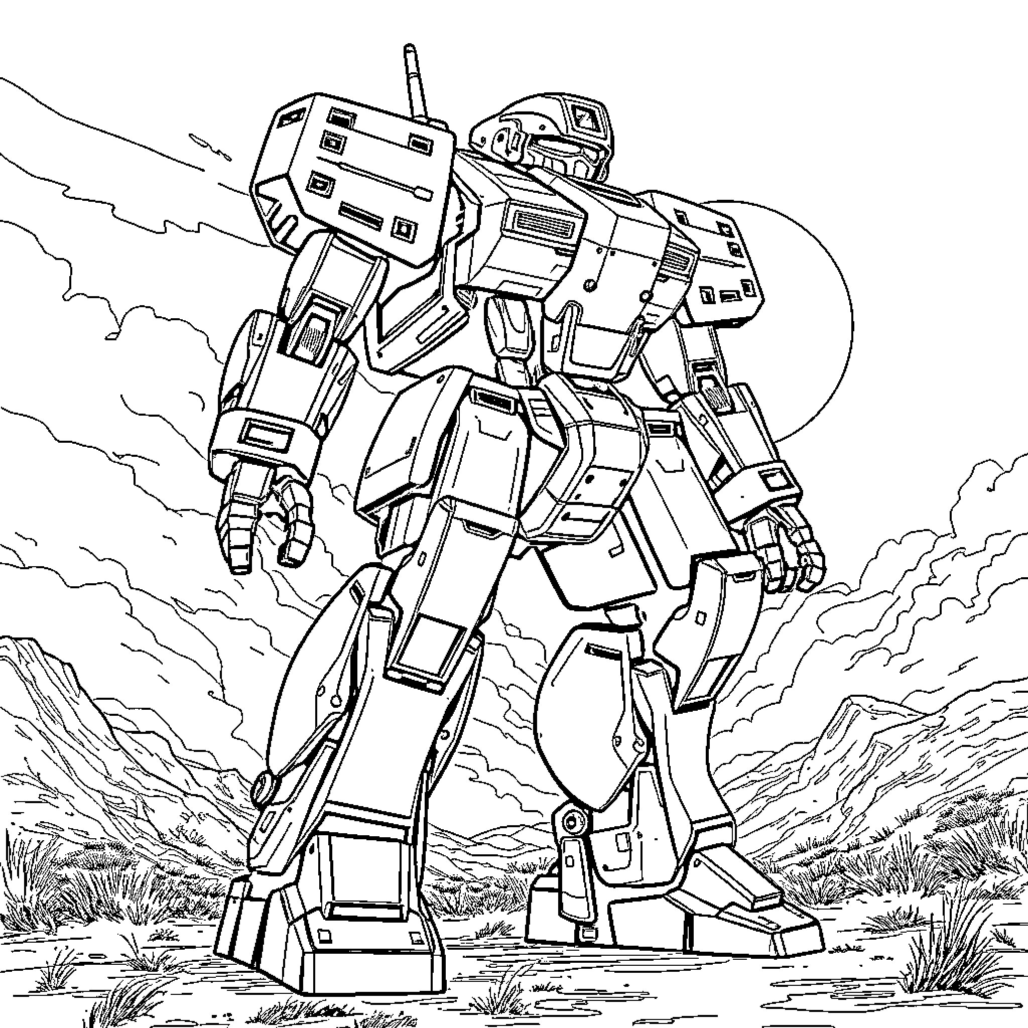 Mechwarrior battle-ready in the rugged terrain Coloring Page (free black-and-white line drawing printable PDF for all, from beginners to advanced learners, including children, teens, adults, and seniors)