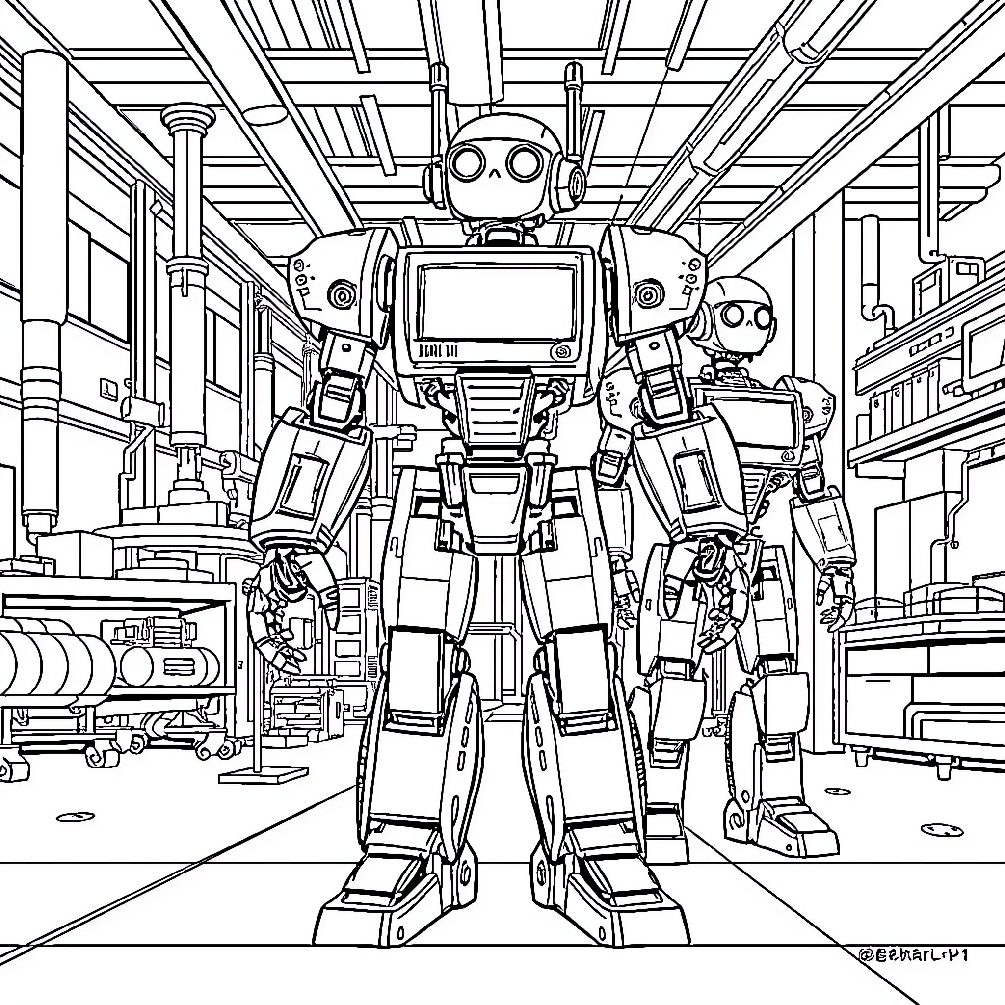 Robot Assistants in an Automated Workshop Coloring Page (free black-and-white line drawing printable PDF for all, from beginners to advanced learners, including children, teens, adults, and seniors)