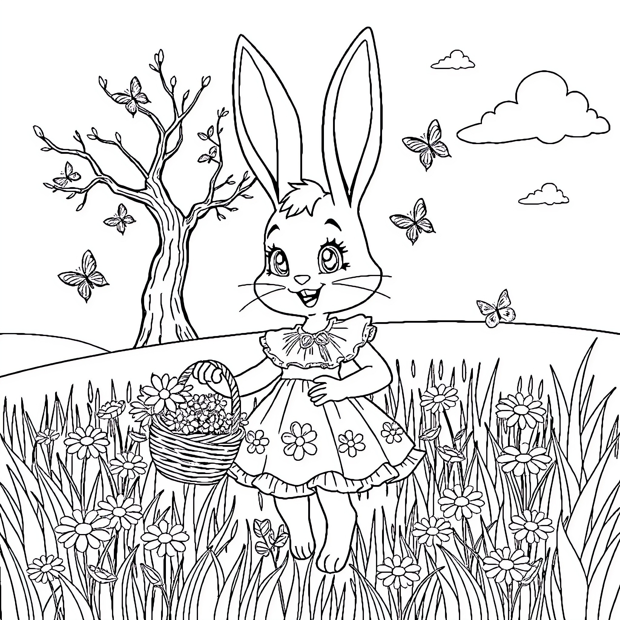 Rabbit enjoying a spring day in the garden Coloring Page (free black-and-white line drawing printable PDF for all, from beginners to advanced learners, including children, teens, adults, and seniors)