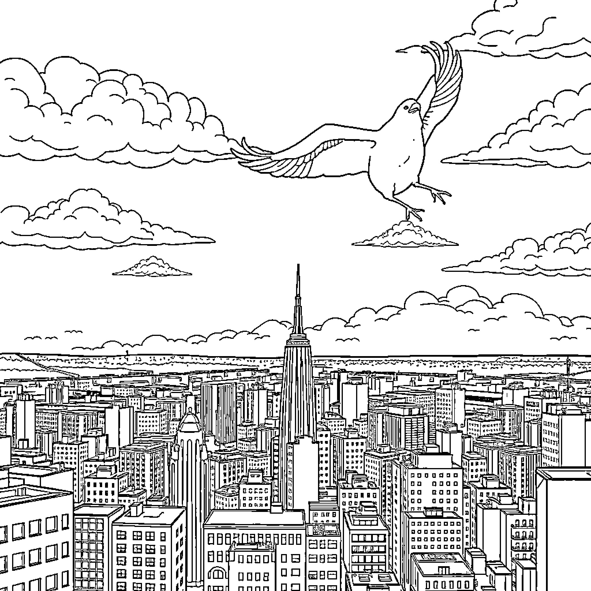 Caca creature soaring over bustling urban landscape Coloring Page (free black-and-white line drawing printable PDF for all, from beginners to advanced learners, including children, teens, adults, and seniors)
