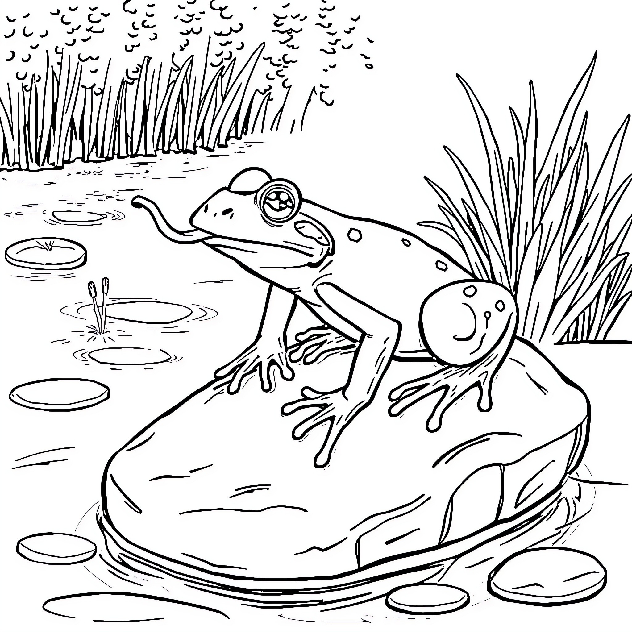 Frog enjoying the pond life Coloring Page (free black-and-white line drawing printable PDF for all, from beginners to advanced learners, including children, teens, adults, and seniors)