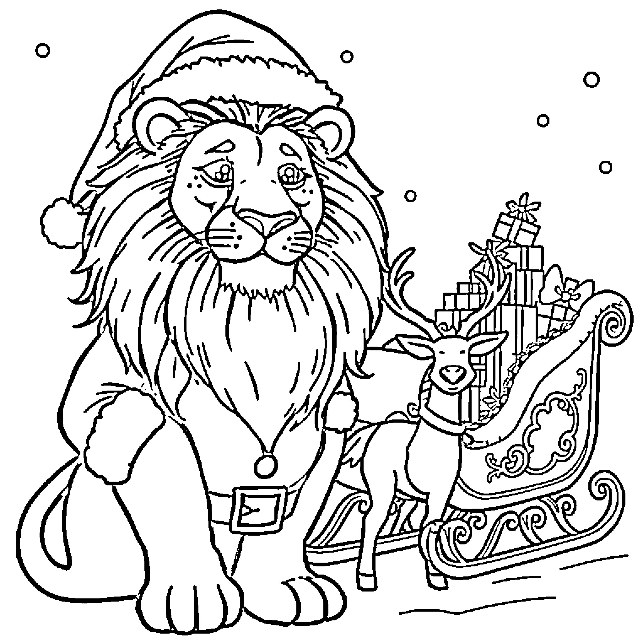 Lion wearing Santa hat with holiday gifts and sleigh Coloring Page (free black-and-white line drawing printable PDF for all, from beginners to advanced learners, including children, teens, adults, and seniors)