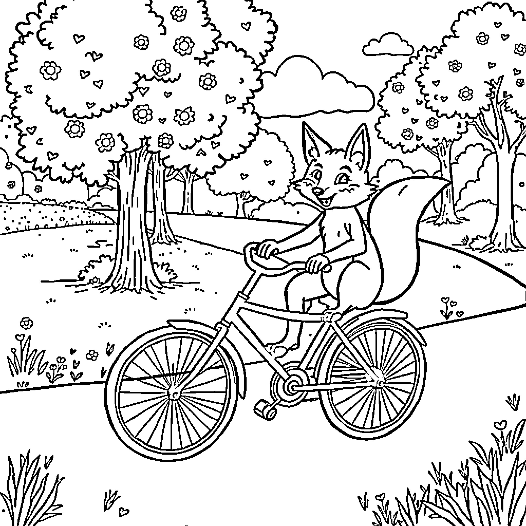 Fox riding a bicycle through a floral forest Coloring Page (free black-and-white line drawing printable PDF for all, from beginners to advanced learners, including children, teens, adults, and seniors)