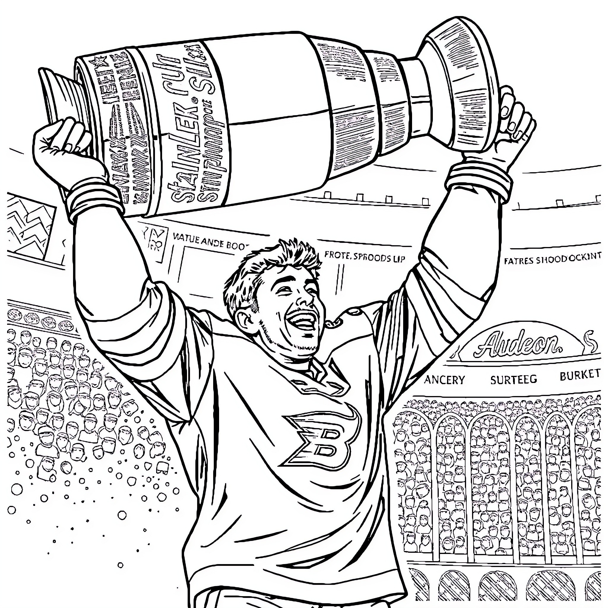 Alexander Barkov Celebrating with the Stanley Cup Trophy Coloring Page (free black-and-white line drawing printable PDF for all, from beginners to advanced learners, including children, teens, adults, and seniors)