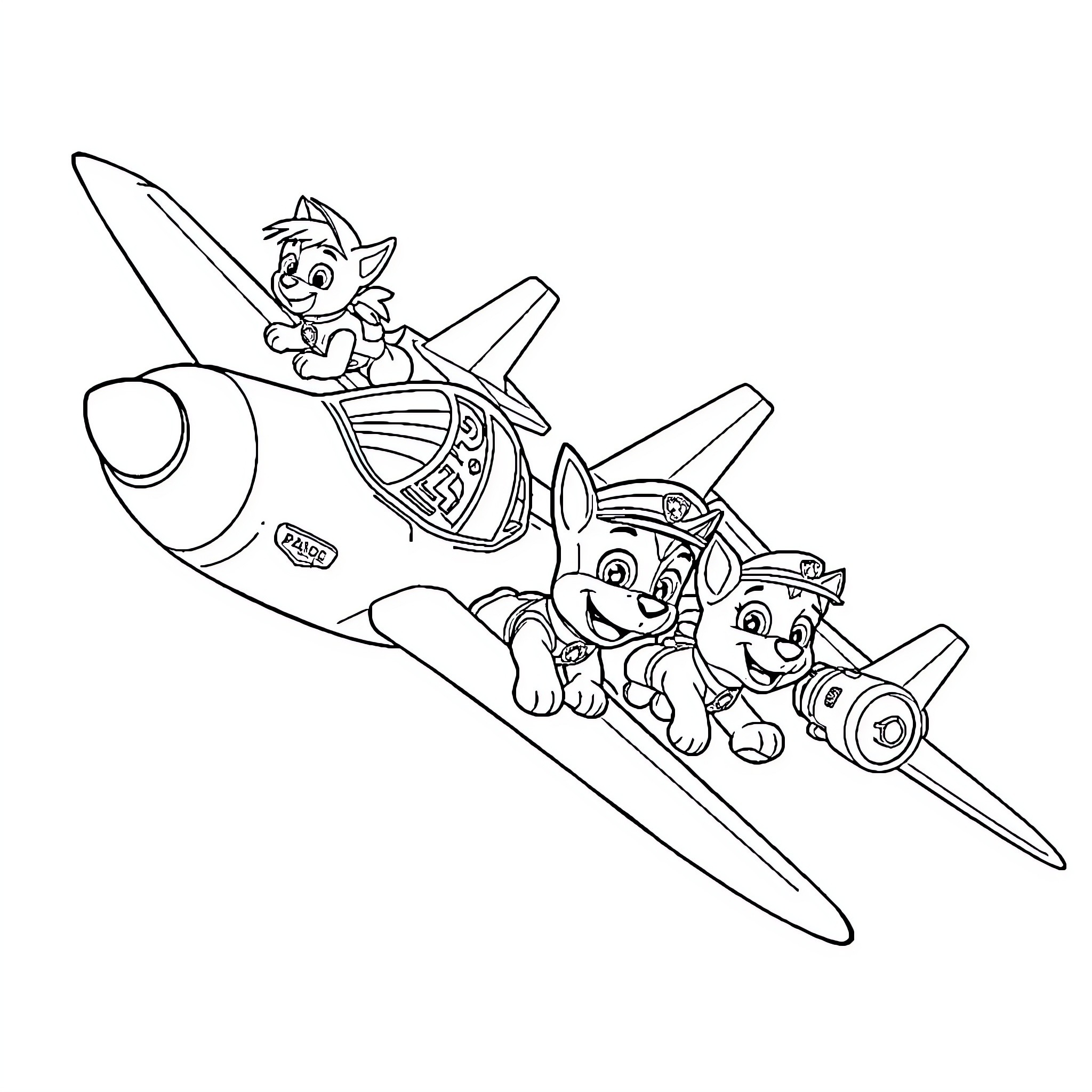 Paw Patrol Puppies Riding in Rescue Plane Coloring Page (free black-and-white line drawing printable PDF for all, from beginners to advanced learners, including children, teens, adults, and seniors)