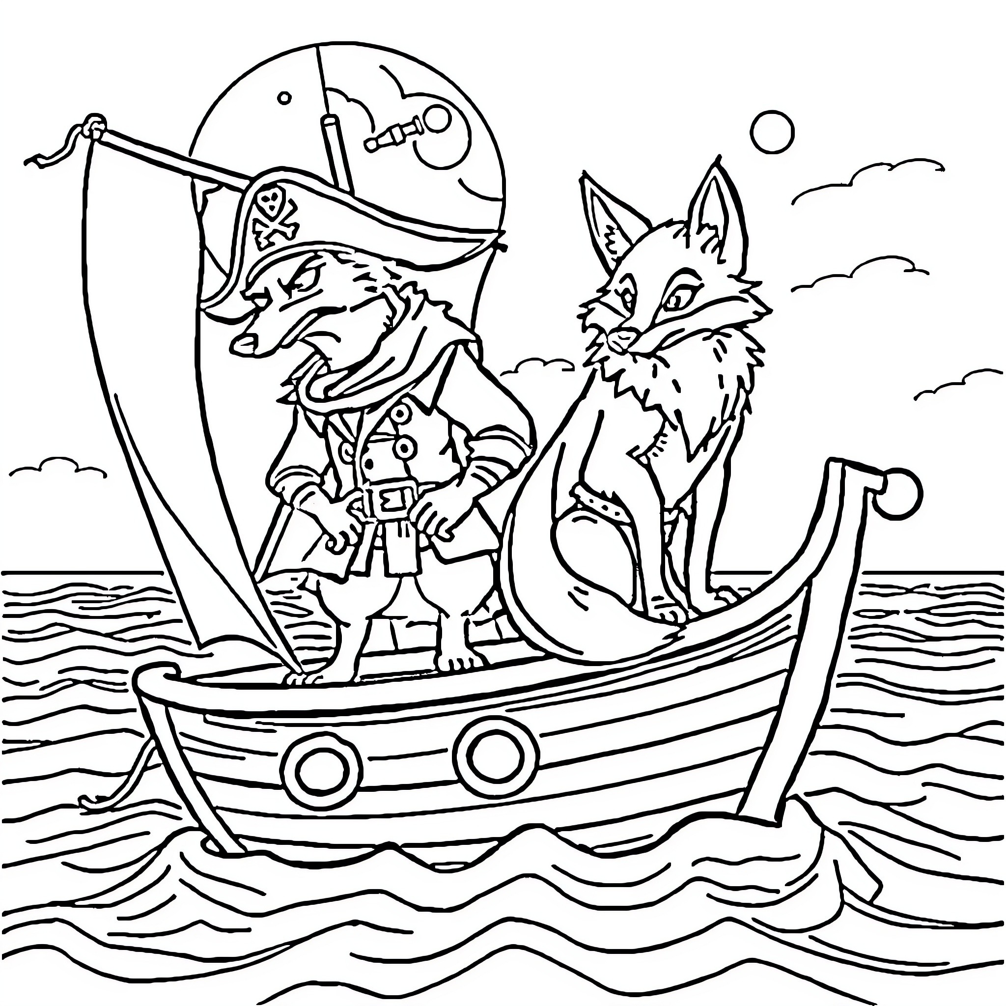 Fox sailing on a ship with a pirate captain Coloring Page (free black-and-white line drawing printable PDF for all, from beginners to advanced learners, including children, teens, adults, and seniors)