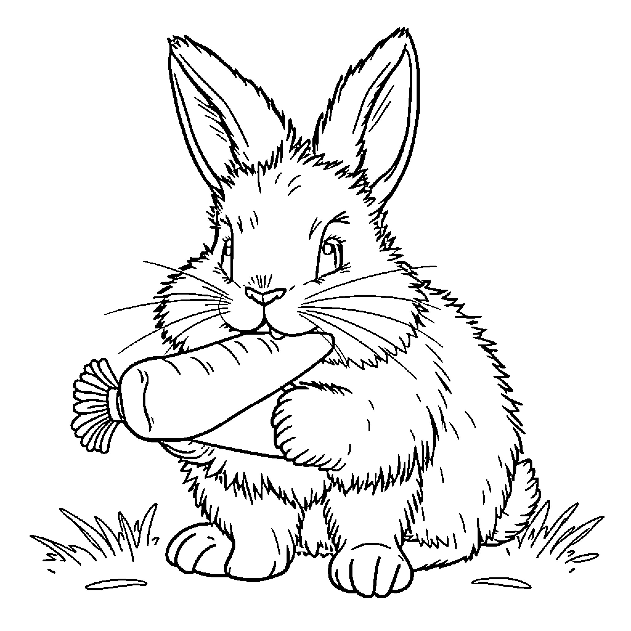 Bunny Eating Carrot in Grassy Field Coloring Page (free black-and-white line drawing printable PDF for all, from beginners to advanced learners, including children, teens, adults, and seniors)