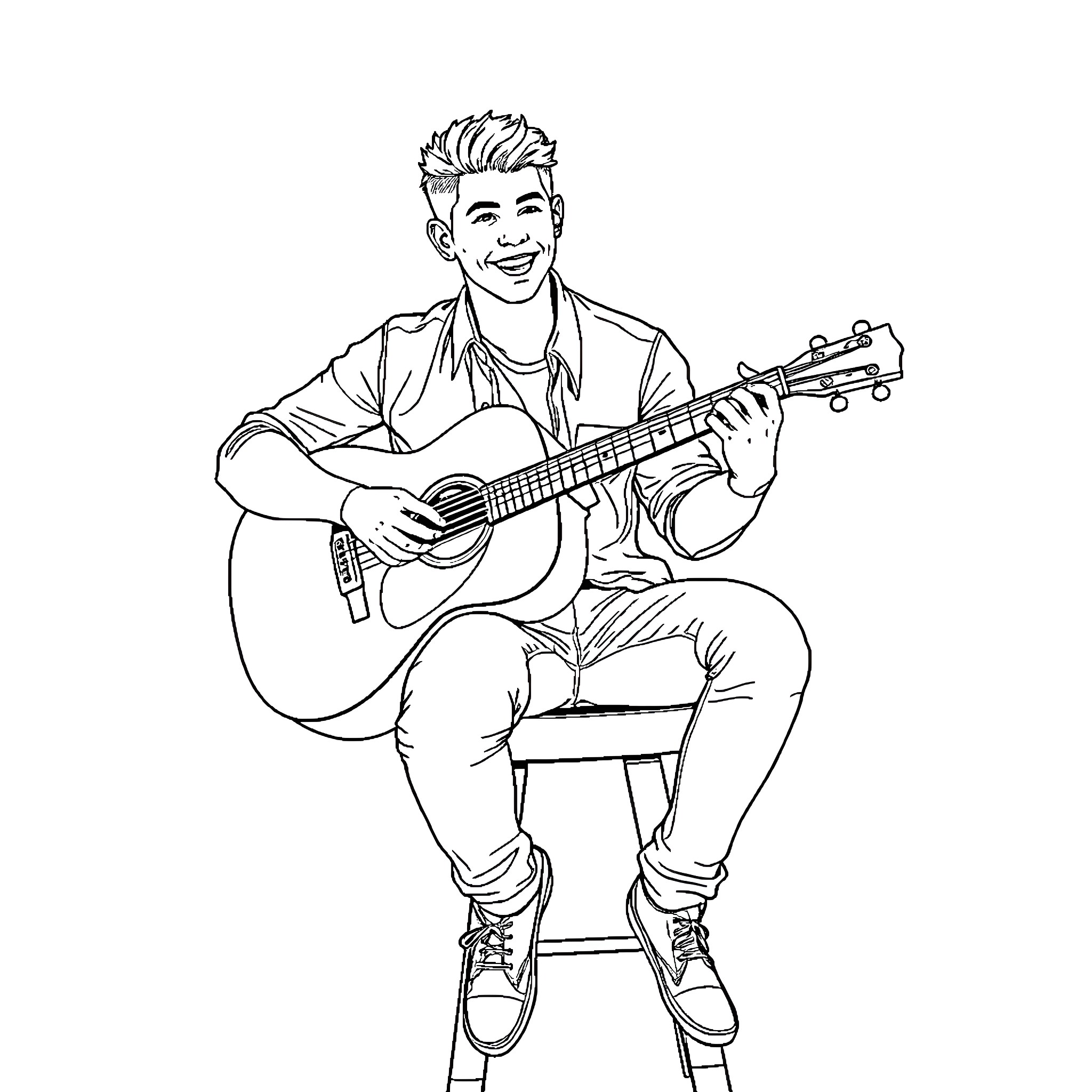 Nick Jonas performing with guitar on stage Coloring Page (free black-and-white line drawing printable PDF for all, from beginners to advanced learners, including children, teens, adults, and seniors)