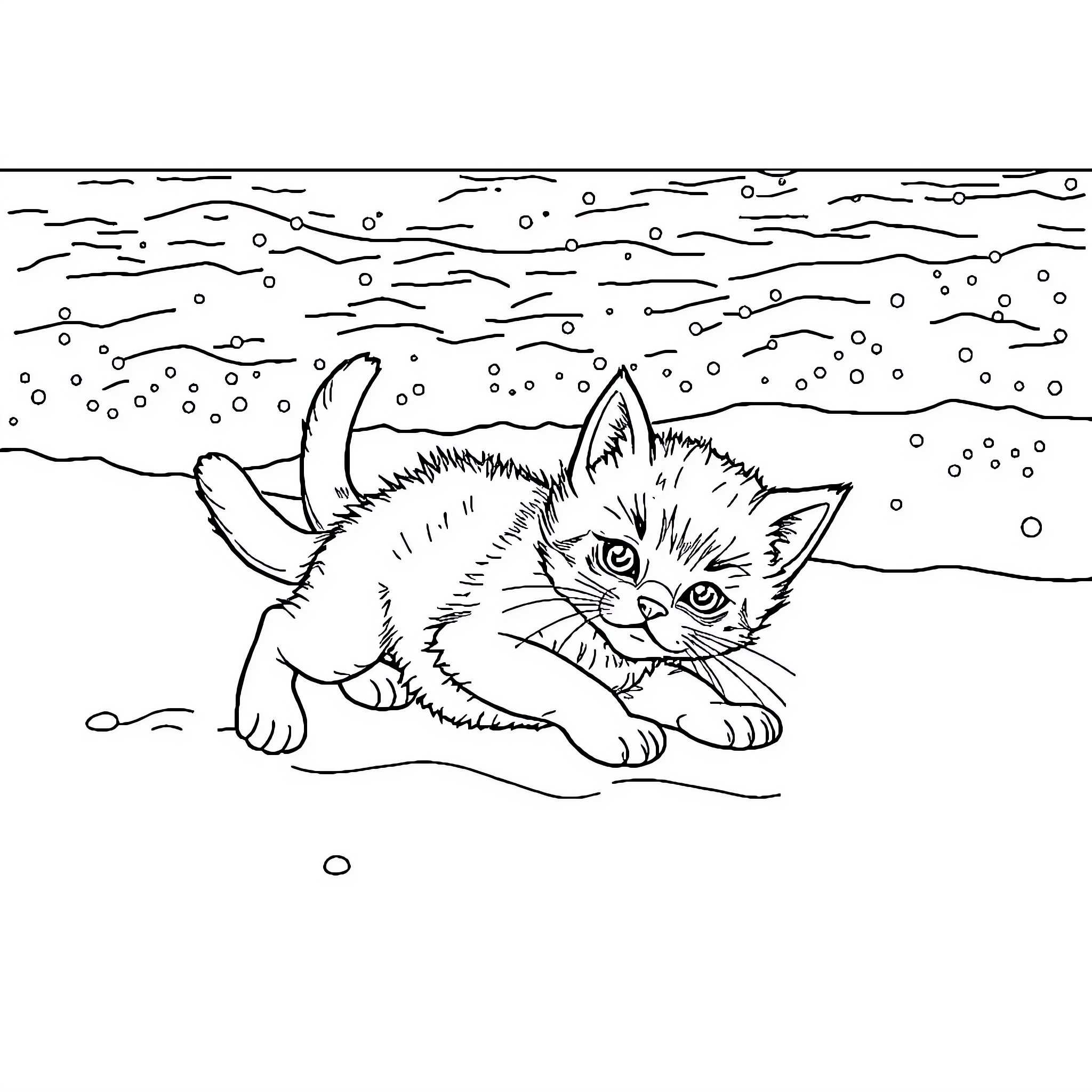 Kitten exploring snowy landscape Coloring Page (free black-and-white line drawing printable PDF for all, from beginners to advanced learners, including children, teens, adults, and seniors)