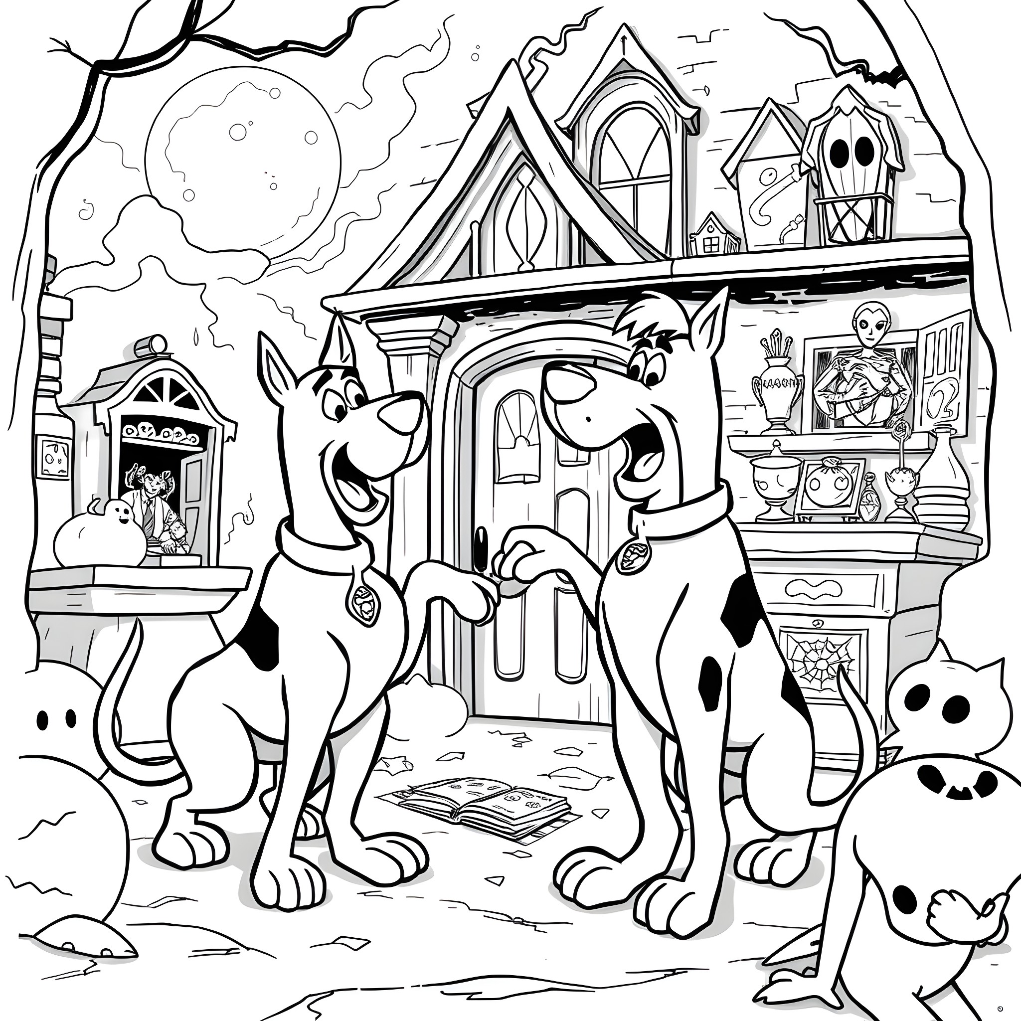 Scooby Doo and friends investigate the haunted house Coloring Page (free black-and-white line drawing printable PDF for all, from beginners to advanced learners, including children, teens, adults, and seniors)