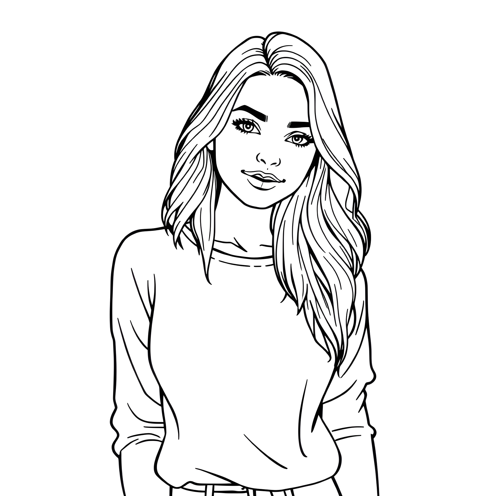 Woman with long hair in casual outfit Coloring Page (free black-and-white line drawing printable PDF for all, from beginners to advanced learners, including children, teens, adults, and seniors)