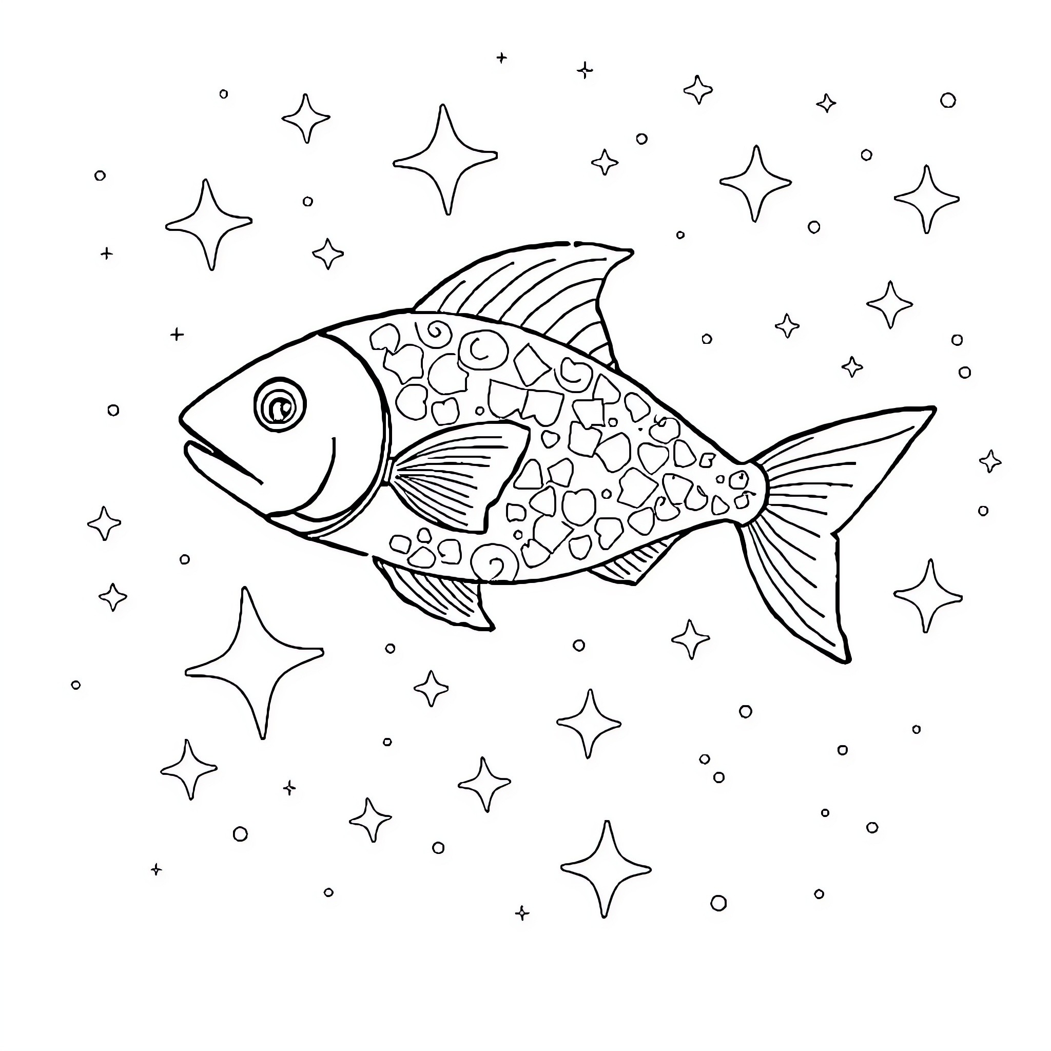 Cow-shaped fish swimming in starry night Coloring Page (free black-and-white line drawing printable PDF for all, from beginners to advanced learners, including children, teens, adults, and seniors)