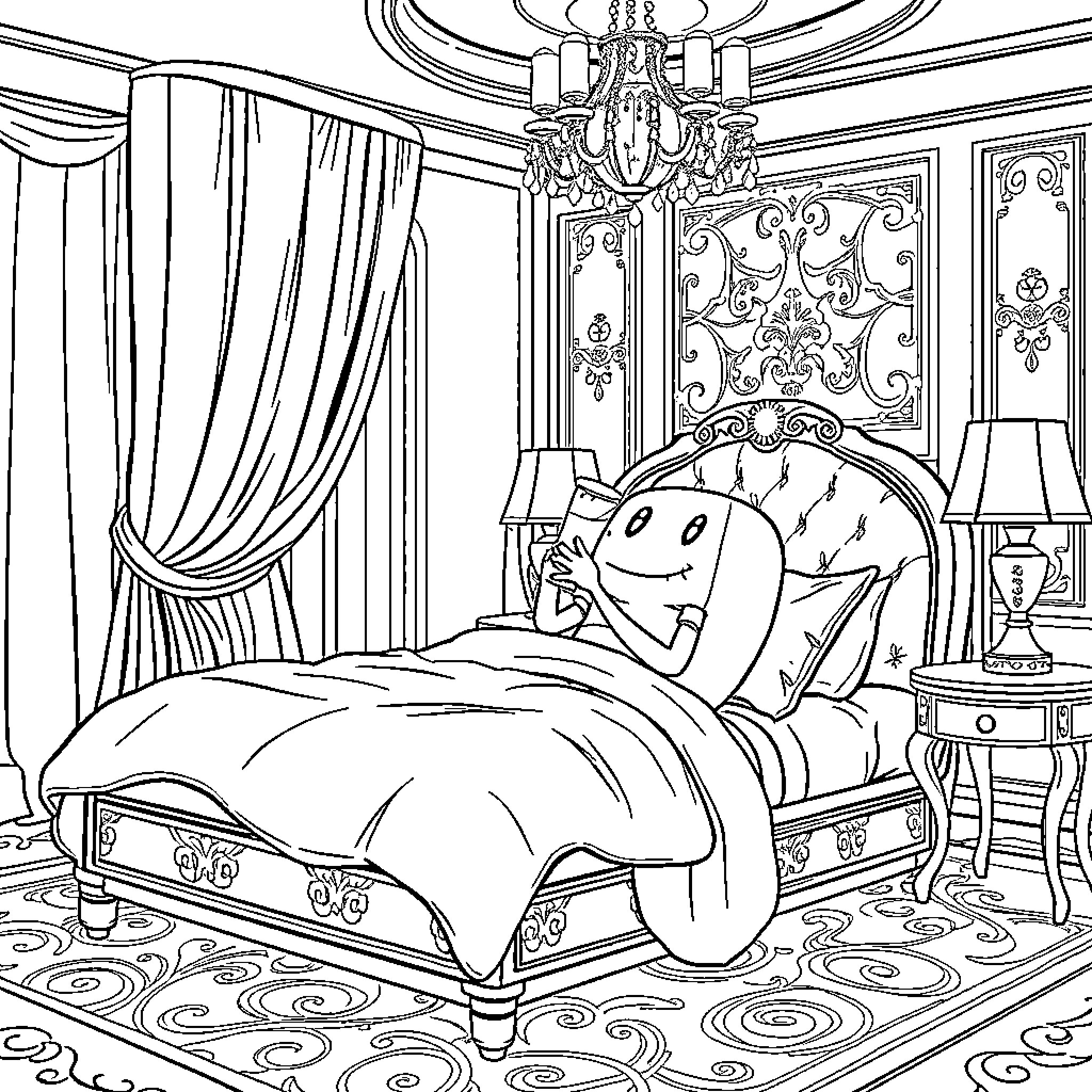 Cinnamon Roll Enjoying a Cozy Bedroom Scene Coloring Page (free black-and-white line drawing printable PDF for all, from beginners to advanced learners, including children, teens, adults, and seniors)