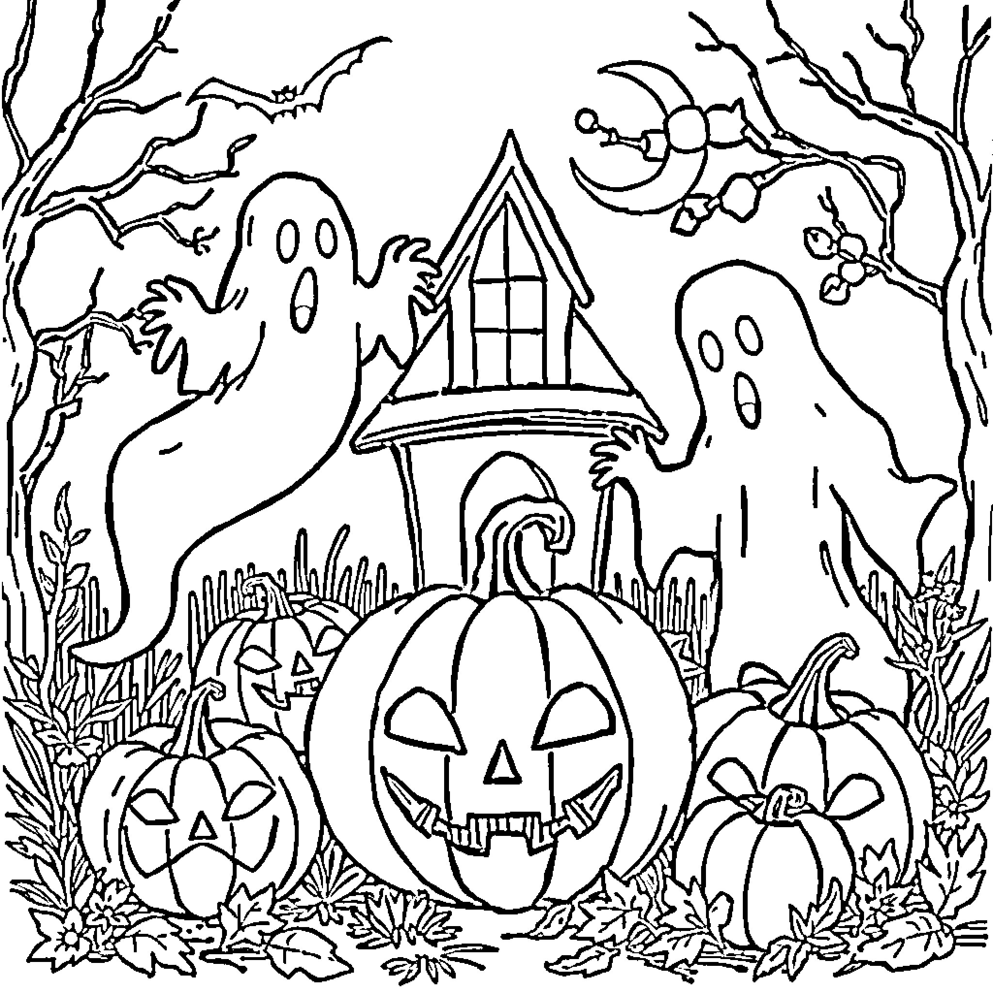 Halloween haunted house with ghostly figures and pumpkins Coloring Page (free black-and-white line drawing printable PDF for all, from beginners to advanced learners, including children, teens, adults, and seniors)