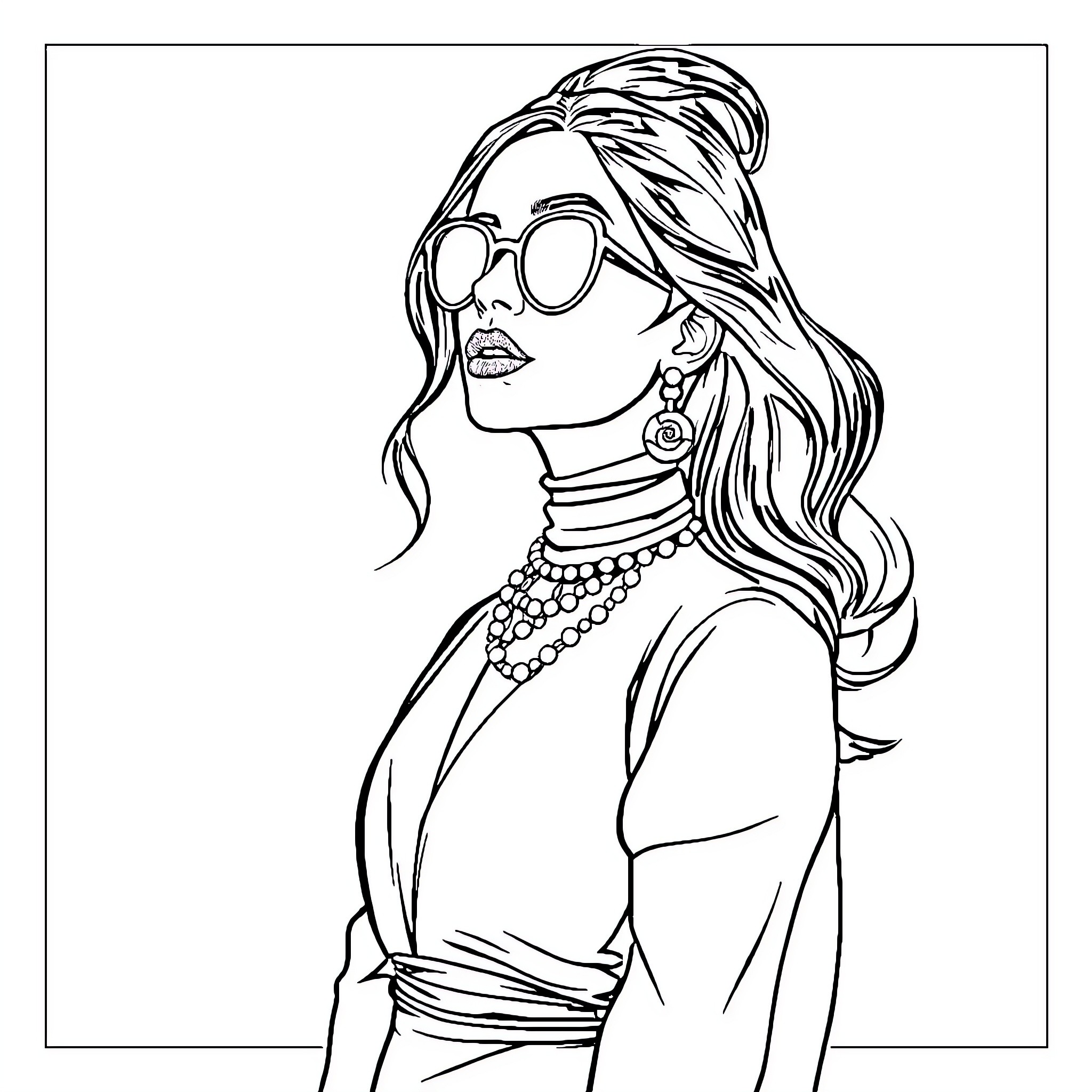 Fashion model posing elegantly in glamorous attire Coloring Page (free black-and-white line drawing printable PDF for all, from beginners to advanced learners, including children, teens, adults, and seniors)