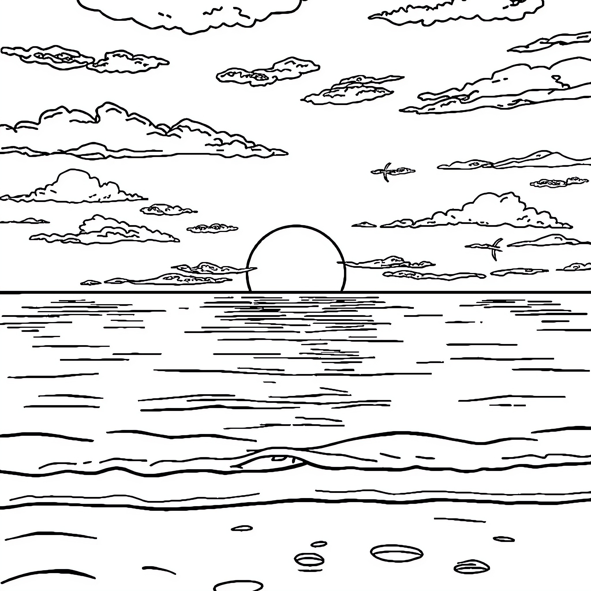 Sunset over the tranquil ocean Coloring Page (free black-and-white line drawing printable PDF for all, from beginners to advanced learners, including children, teens, adults, and seniors)