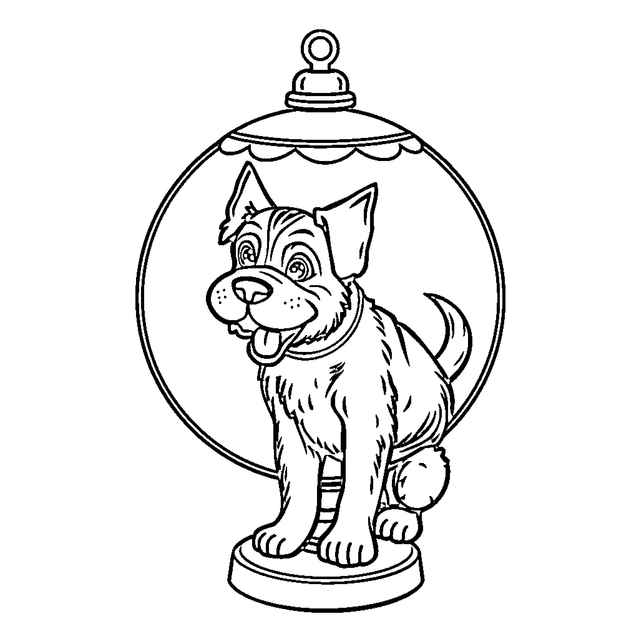 Dog inside a glass ornament Coloring Page (free black-and-white line drawing printable PDF for all, from beginners to advanced learners, including children, teens, adults, and seniors)