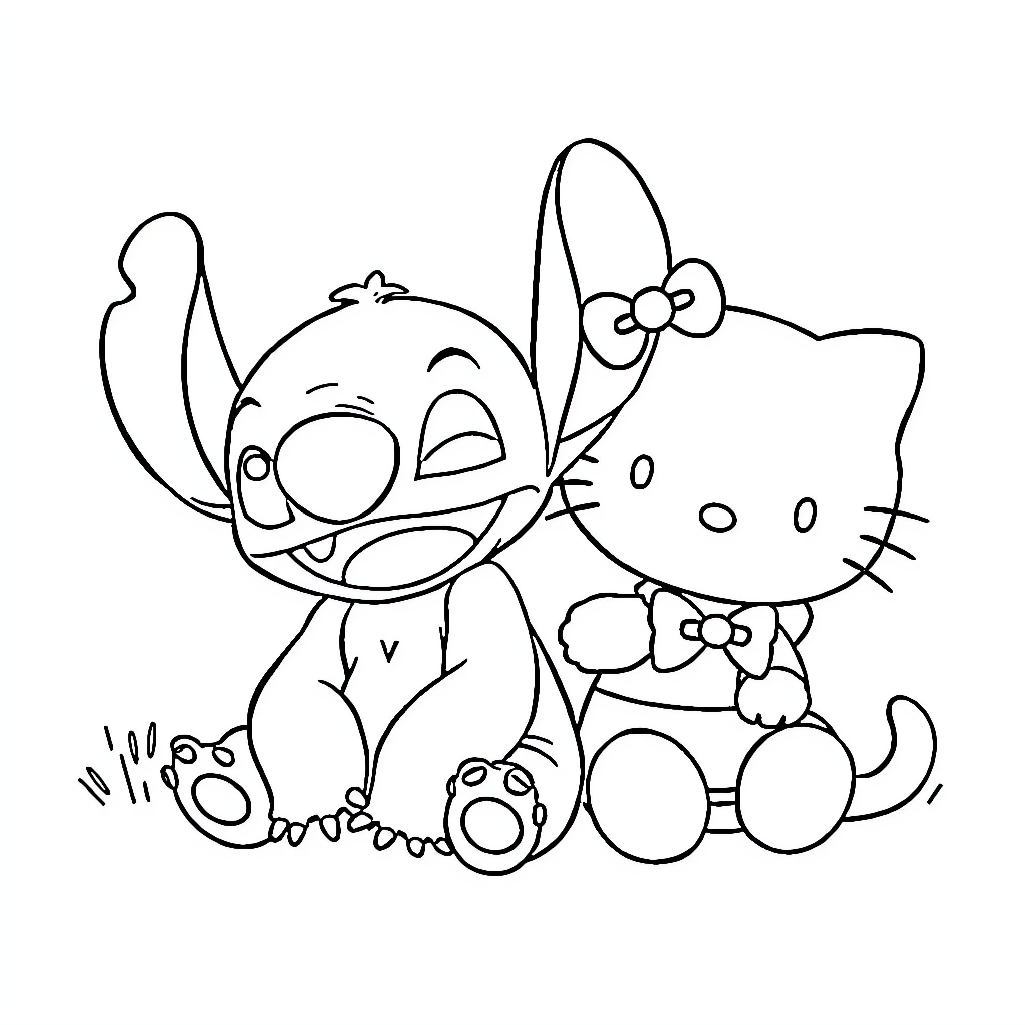 Stitch and Hello Kitty playing together Coloring Page (free black-and-white line drawing printable PDF for all, from beginners to advanced learners, including children, teens, adults, and seniors)