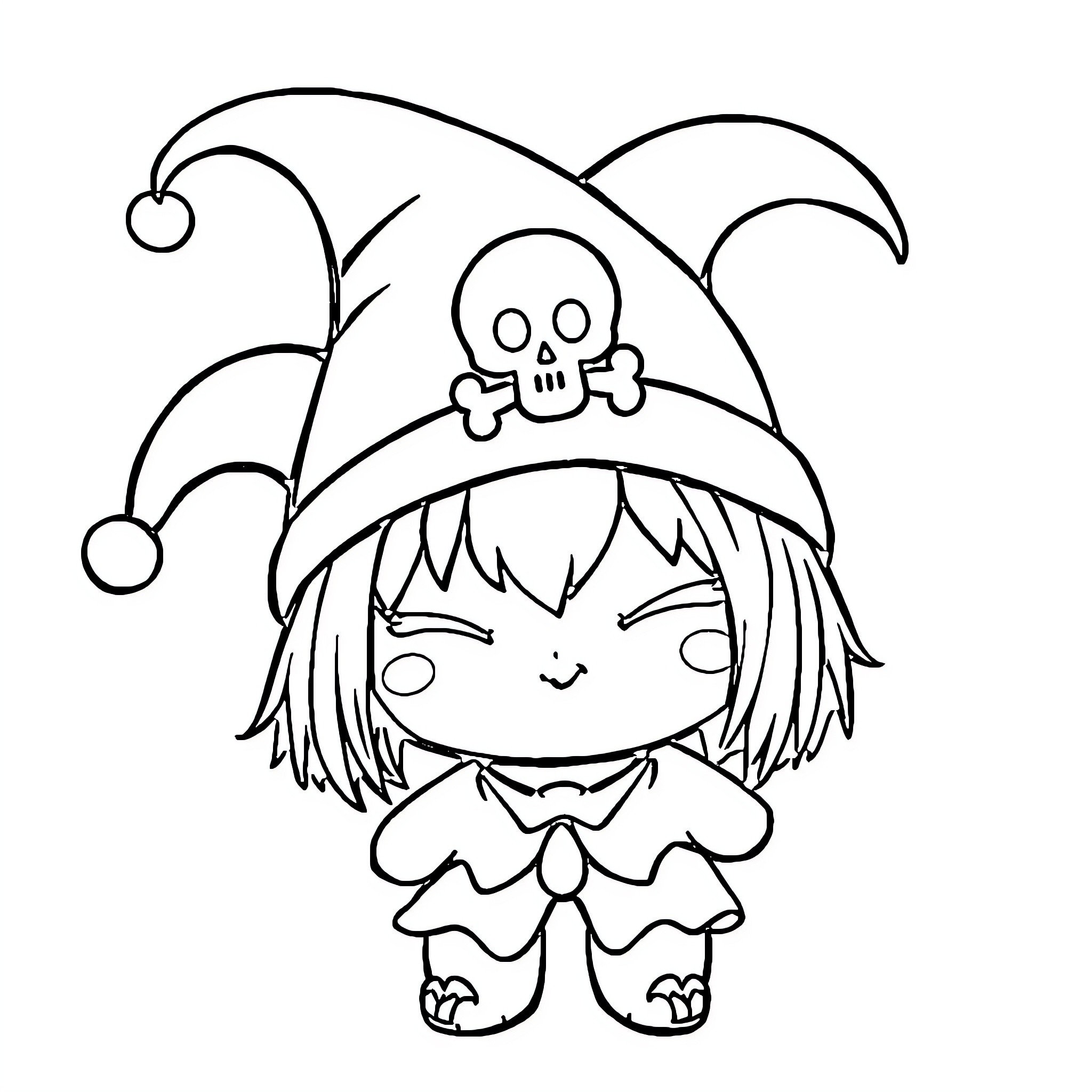 Kuromi in playful jester costume Coloring Page (free black-and-white line drawing printable PDF for all, from beginners to advanced learners, including children, teens, adults, and seniors)