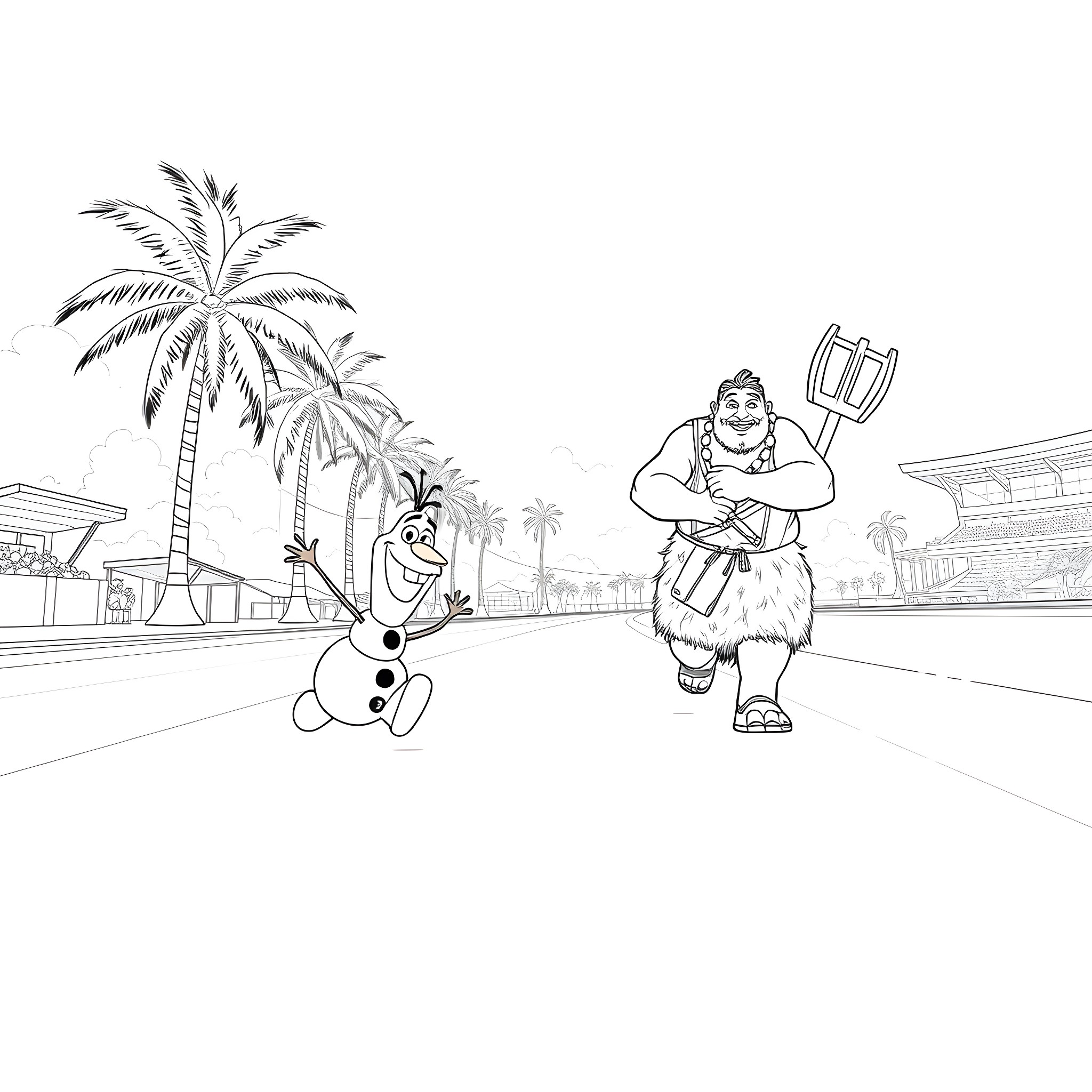 Olaf and Maui exploring the beach together Coloring Page (free black-and-white line drawing printable PDF for all, from beginners to advanced learners, including children, teens, adults, and seniors)