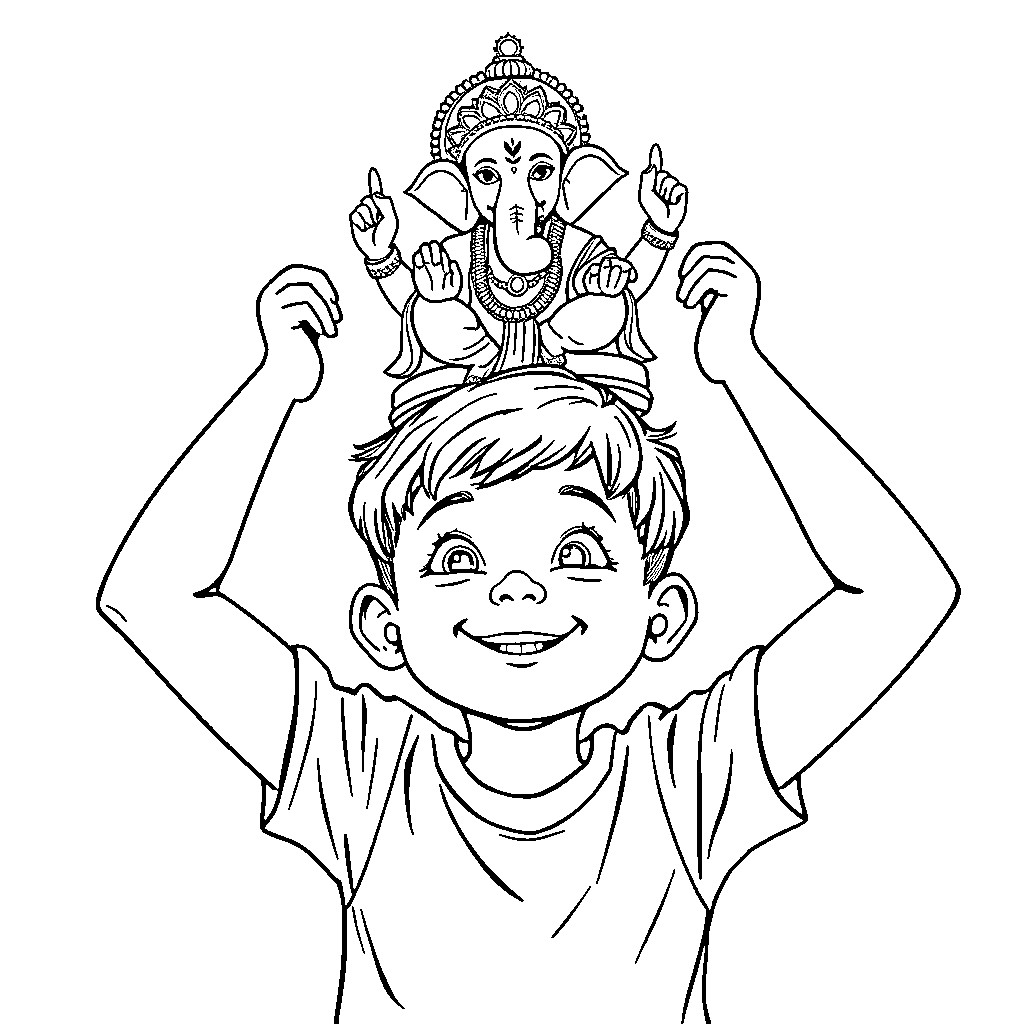 Boy worshipping Hindu deity with enthusiasm Coloring Page (free black-and-white line drawing printable PDF for all, from beginners to advanced learners, including children, teens, adults, and seniors)
