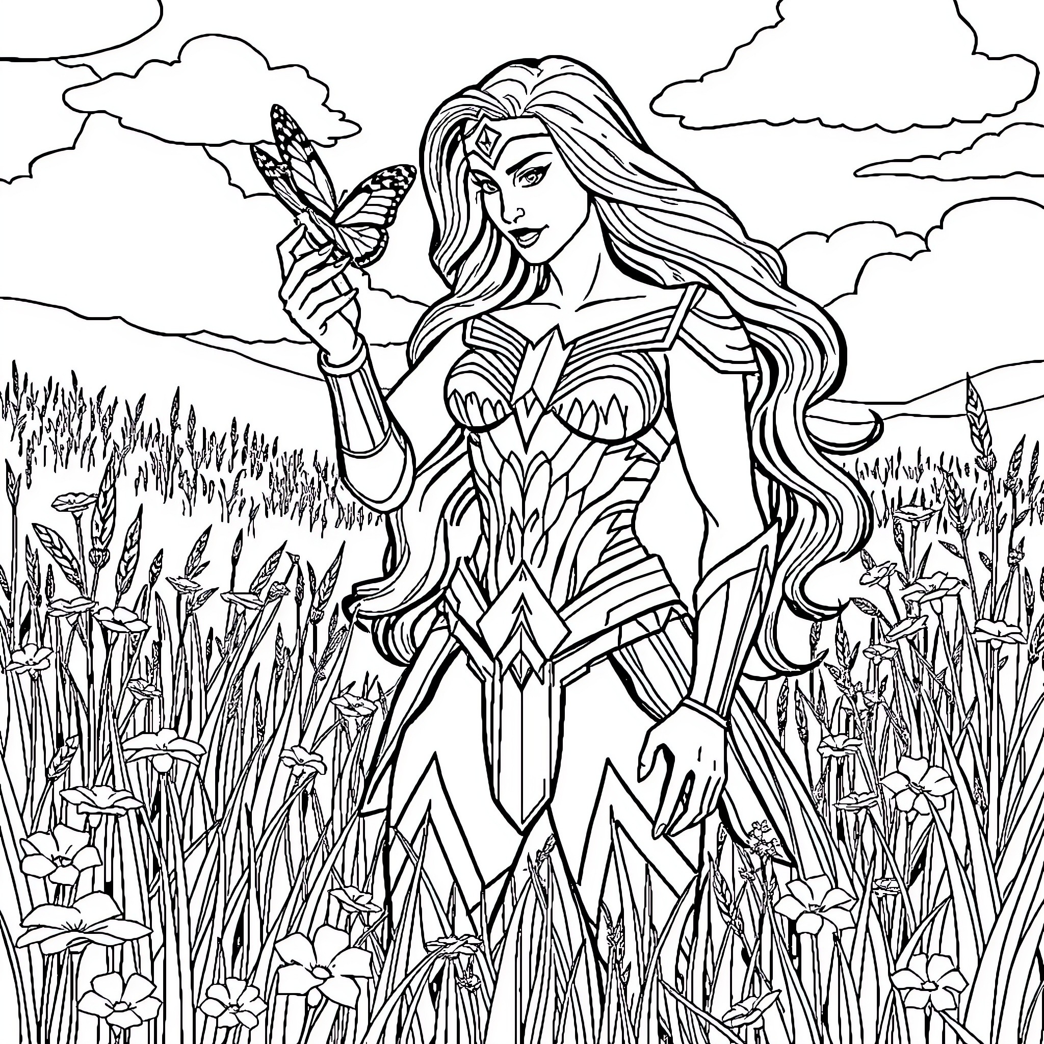 Wonder Woman in Nature's Wonder Coloring Page (free black-and-white line drawing printable PDF for all, from beginners to advanced learners, including children, teens, adults, and seniors)