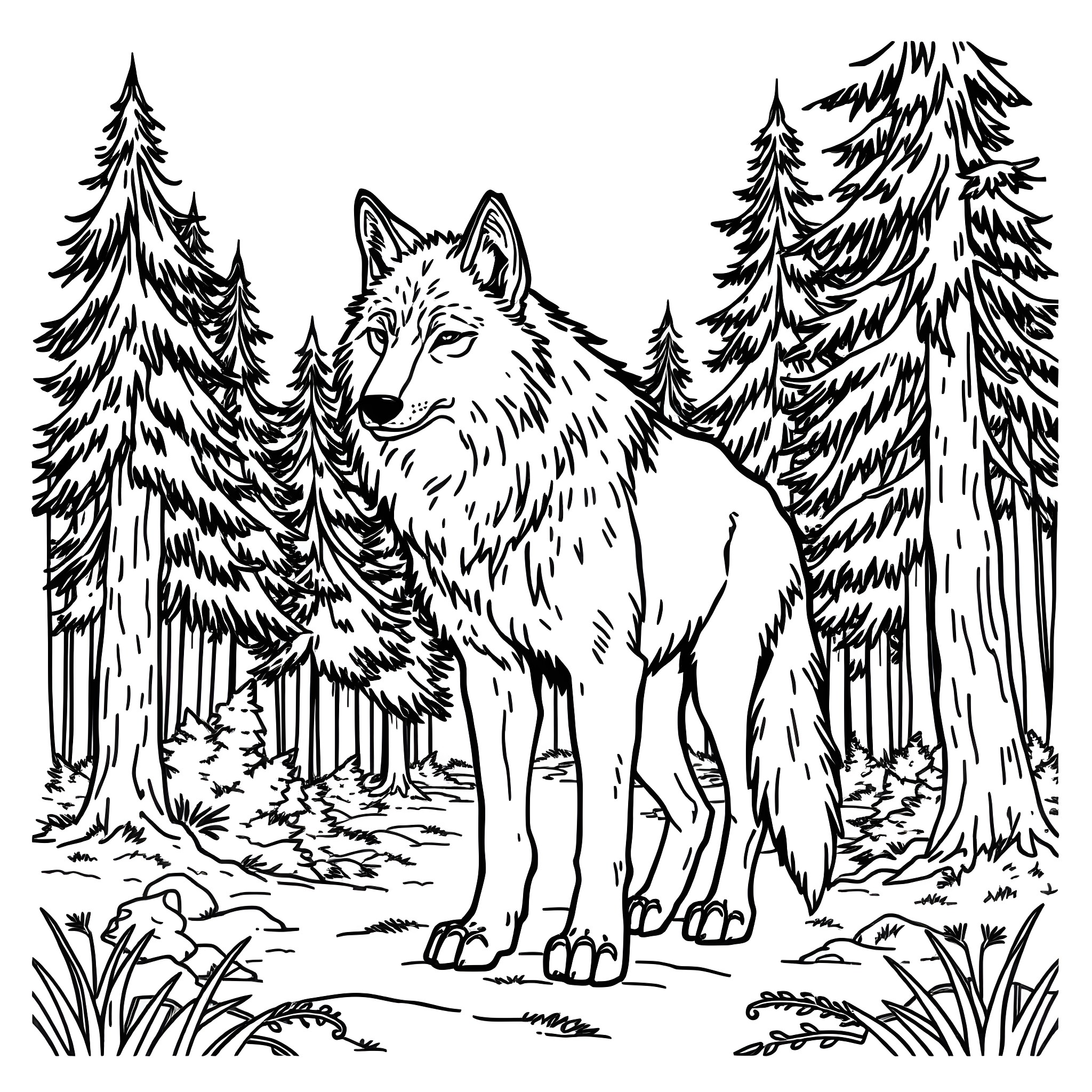 Werewolf lurking in the forest Coloring Page (free black-and-white line drawing printable PDF for all, from beginners to advanced learners, including children, teens, adults, and seniors)