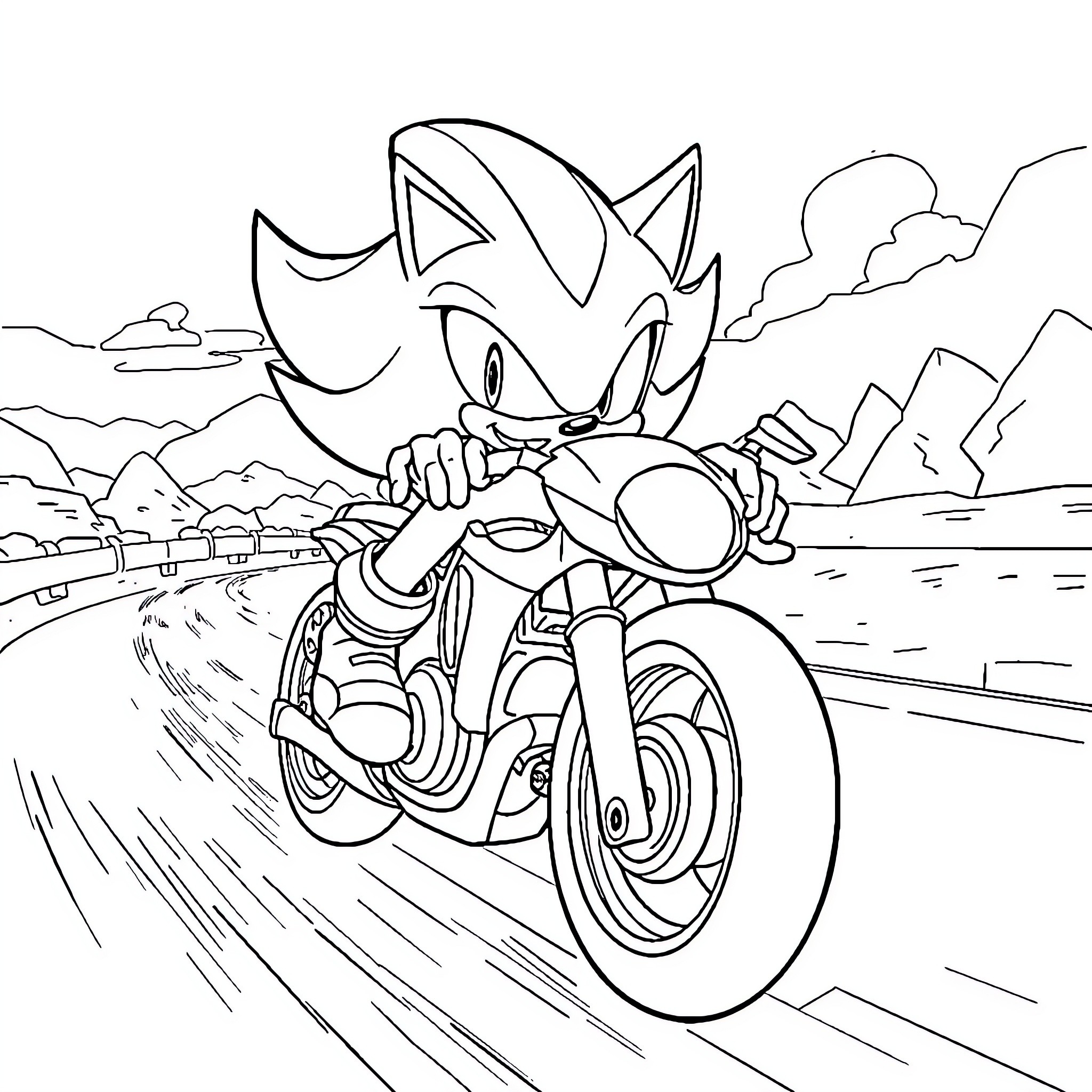 Shadow Speeding Hedgehog on Motorcycle Coloring Page (free black-and-white line drawing printable PDF for all, from beginners to advanced learners, including children, teens, adults, and seniors)