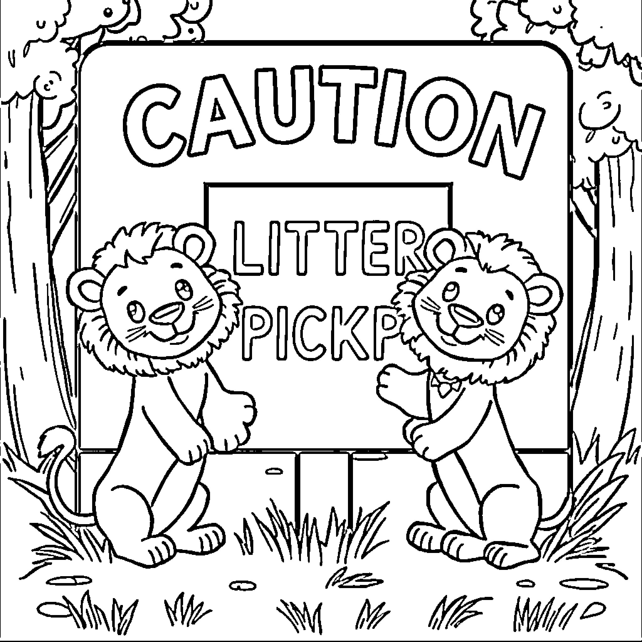 Lion Cubs Cautioned about Litter Pickup Coloring Page (free black-and-white line drawing printable PDF for all, from beginners to advanced learners, including children, teens, adults, and seniors)