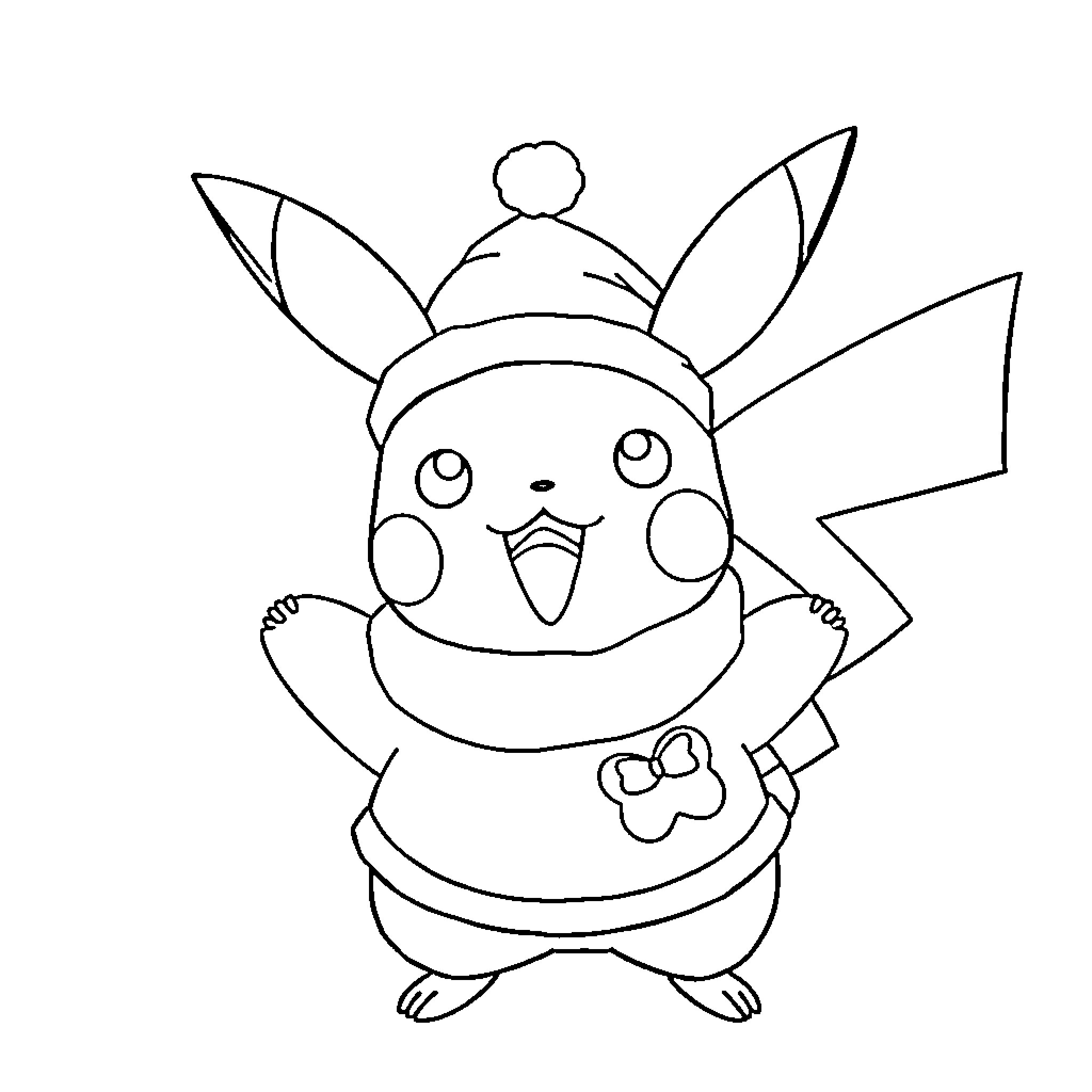 Pikachu wearing a winter hat and scarf Coloring Page (free black-and-white line drawing printable PDF for all, from beginners to advanced learners, including children, teens, adults, and seniors)