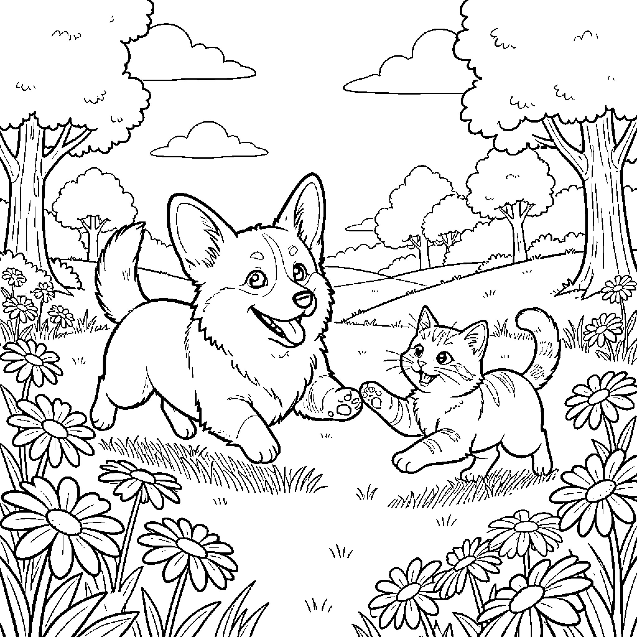 Corgi and Kitten Playing in the Flowery Forest Coloring Page (free black-and-white line drawing printable PDF for all, from beginners to advanced learners, including children, teens, adults, and seniors)