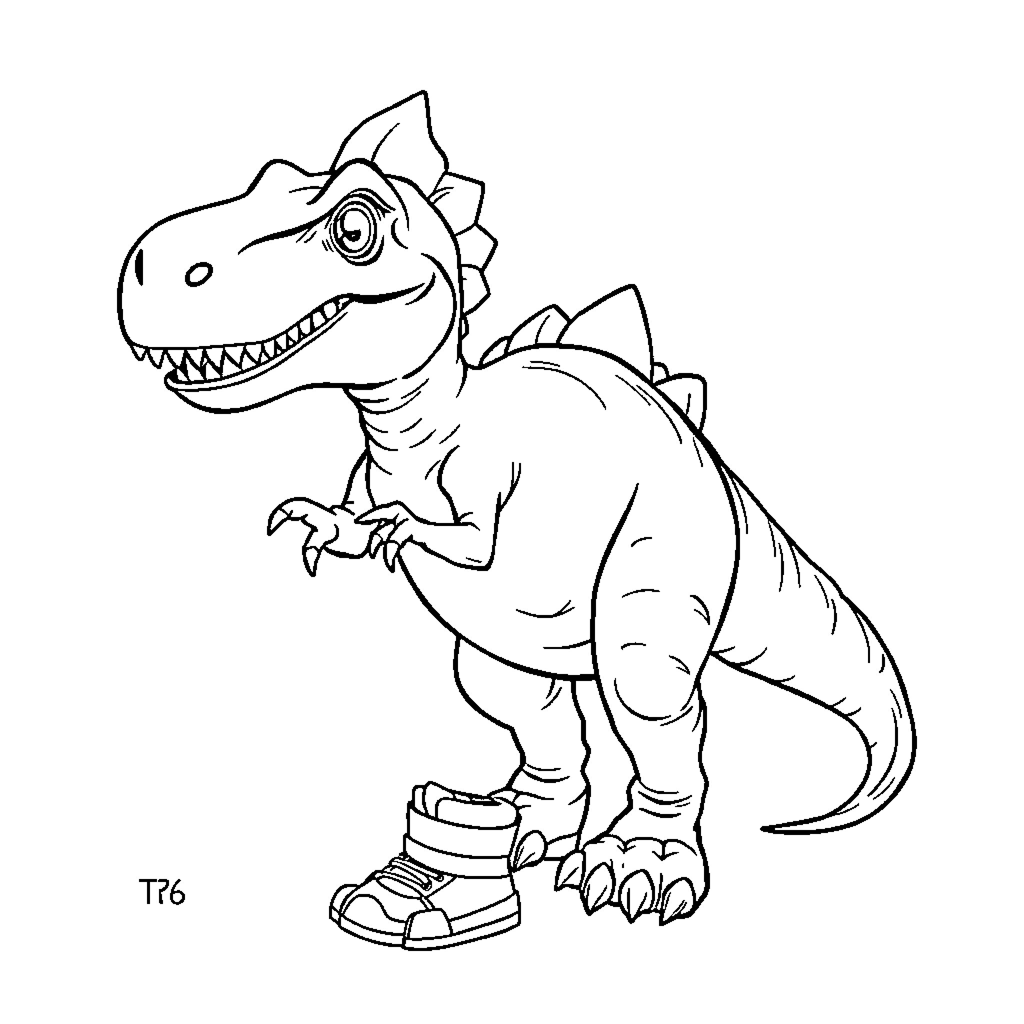 Dinosaur with sneakers roaring excitedly Coloring Page (free black-and-white line drawing printable PDF for all, from beginners to advanced learners, including children, teens, adults, and seniors)