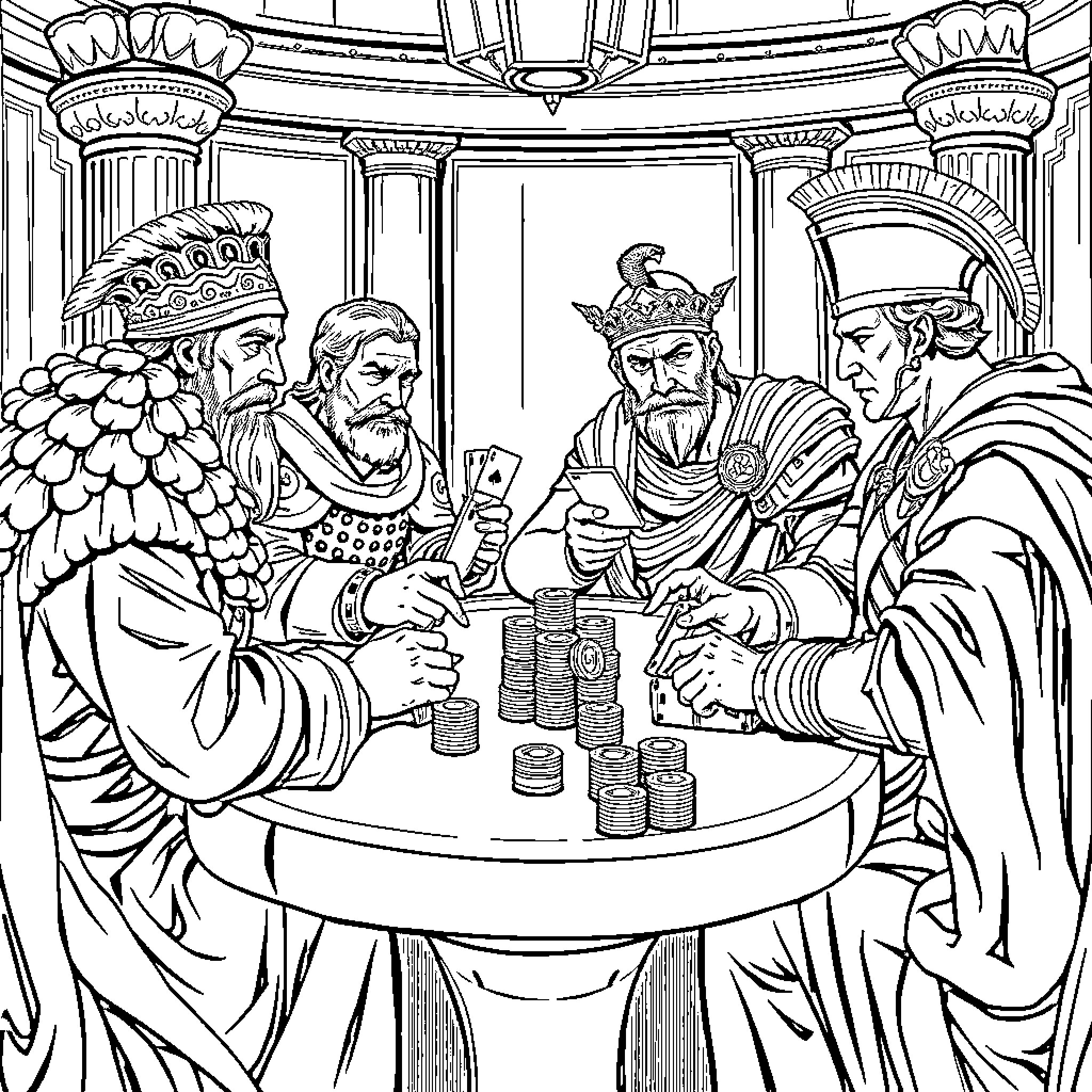 Historical Figures Engaged in Discussion and Negotiation Coloring Page (free black-and-white line drawing printable PDF for all, from beginners to advanced learners, including children, teens, adults, and seniors)