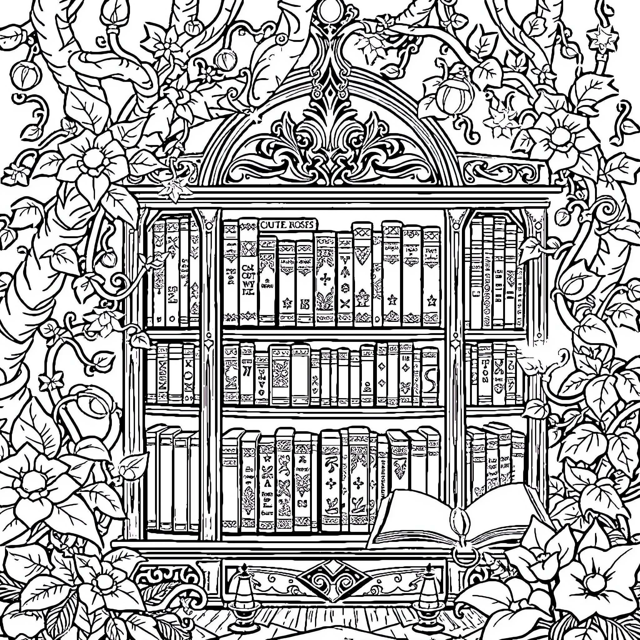 Bookshelf filled with books surrounded by intricate floral designs Coloring Page (free black-and-white line drawing printable PDF for all, from beginners to advanced learners, including children, teens, adults, and seniors)
