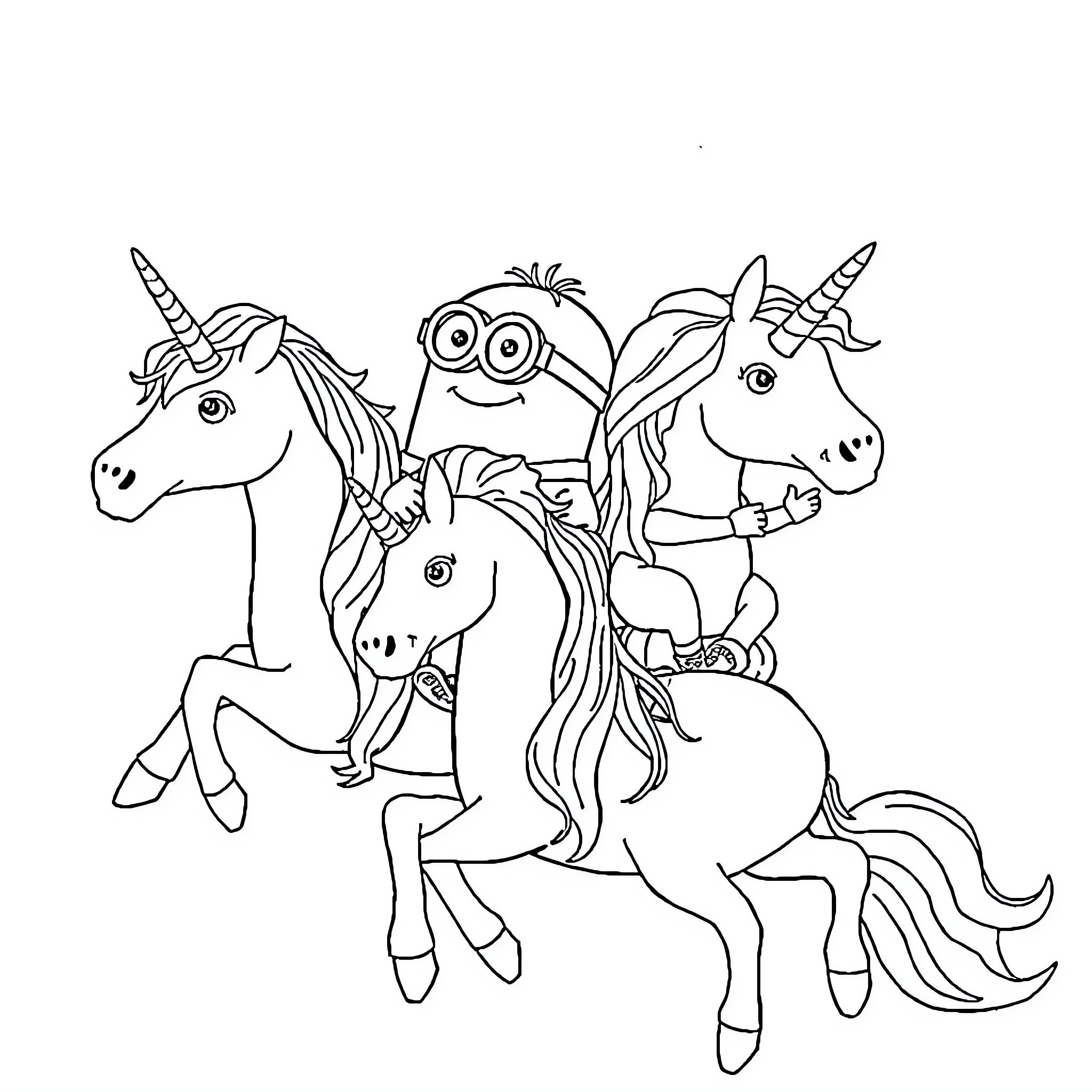 Minions riding magical unicorns and pegasus Coloring Page (free black-and-white line drawing printable PDF for all, from beginners to advanced learners, including children, teens, adults, and seniors)