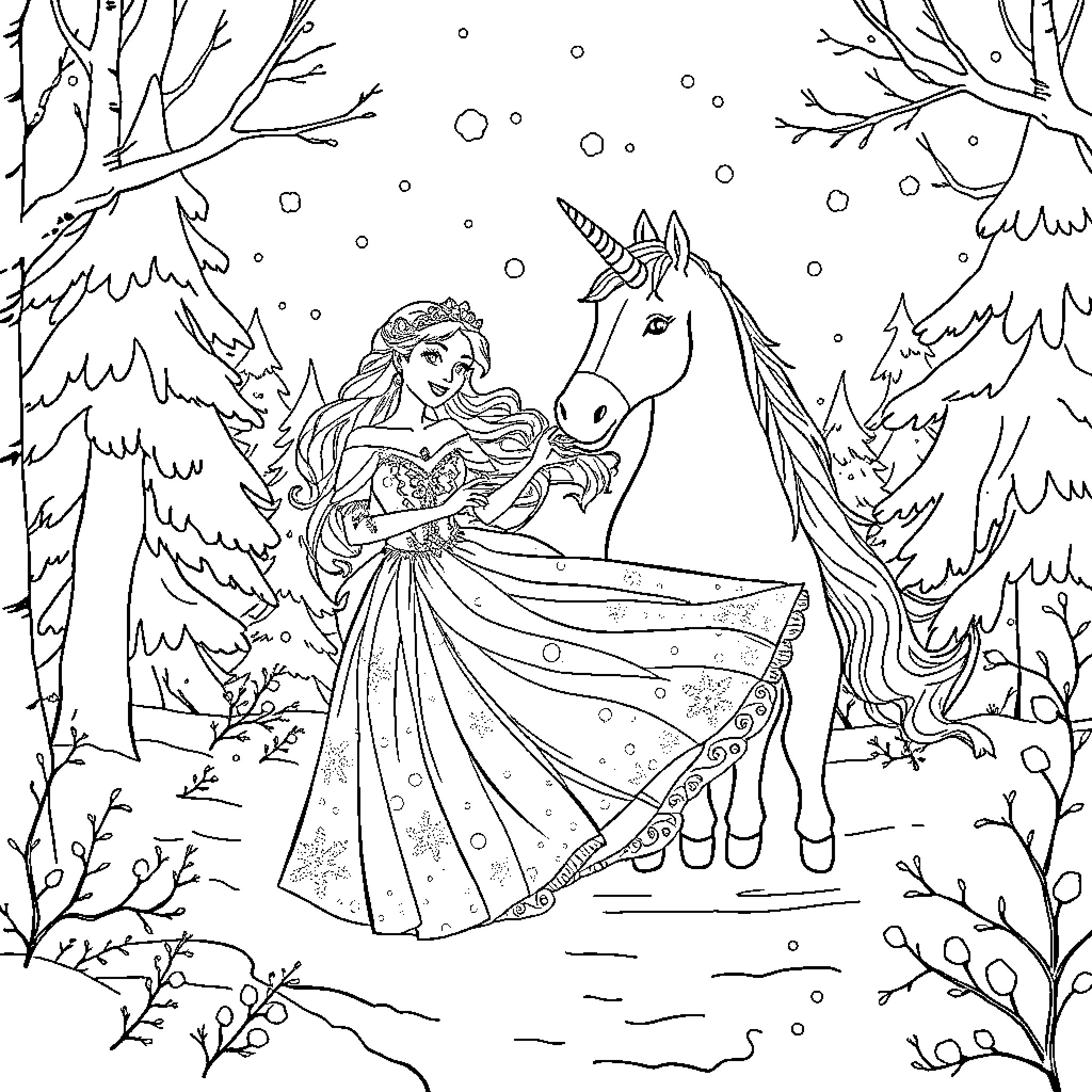Princess enjoying a Winter Wonderland with Unicorn Coloring Page (free black-and-white line drawing printable PDF for all, from beginners to advanced learners, including children, teens, adults, and seniors)