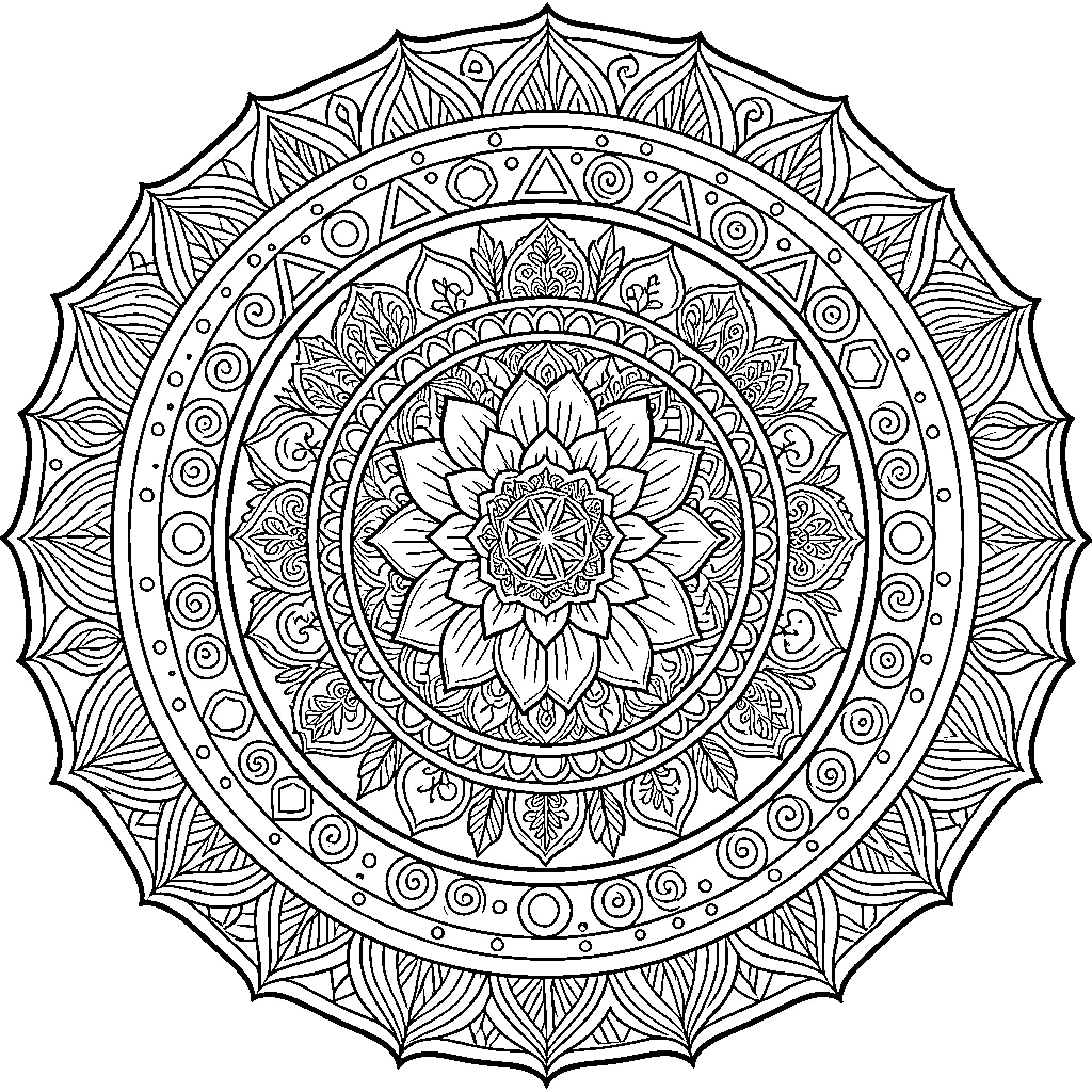 Mandala with intricate floral patterns and geometric designs Coloring Page (free black-and-white line drawing printable PDF for all, from beginners to advanced learners, including children, teens, adults, and seniors)
