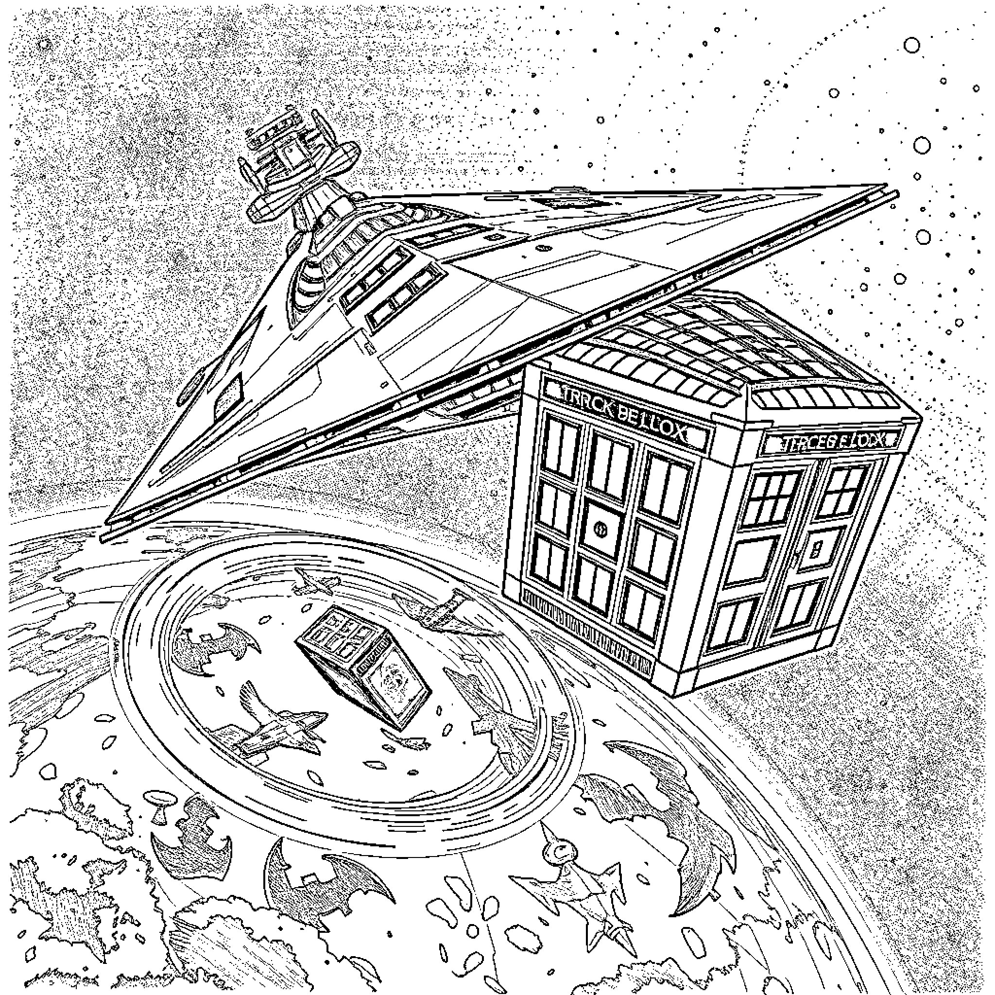 Spaceship with TARDIS floating in space Coloring Page (free black-and-white line drawing printable PDF for all, from beginners to advanced learners, including children, teens, adults, and seniors)