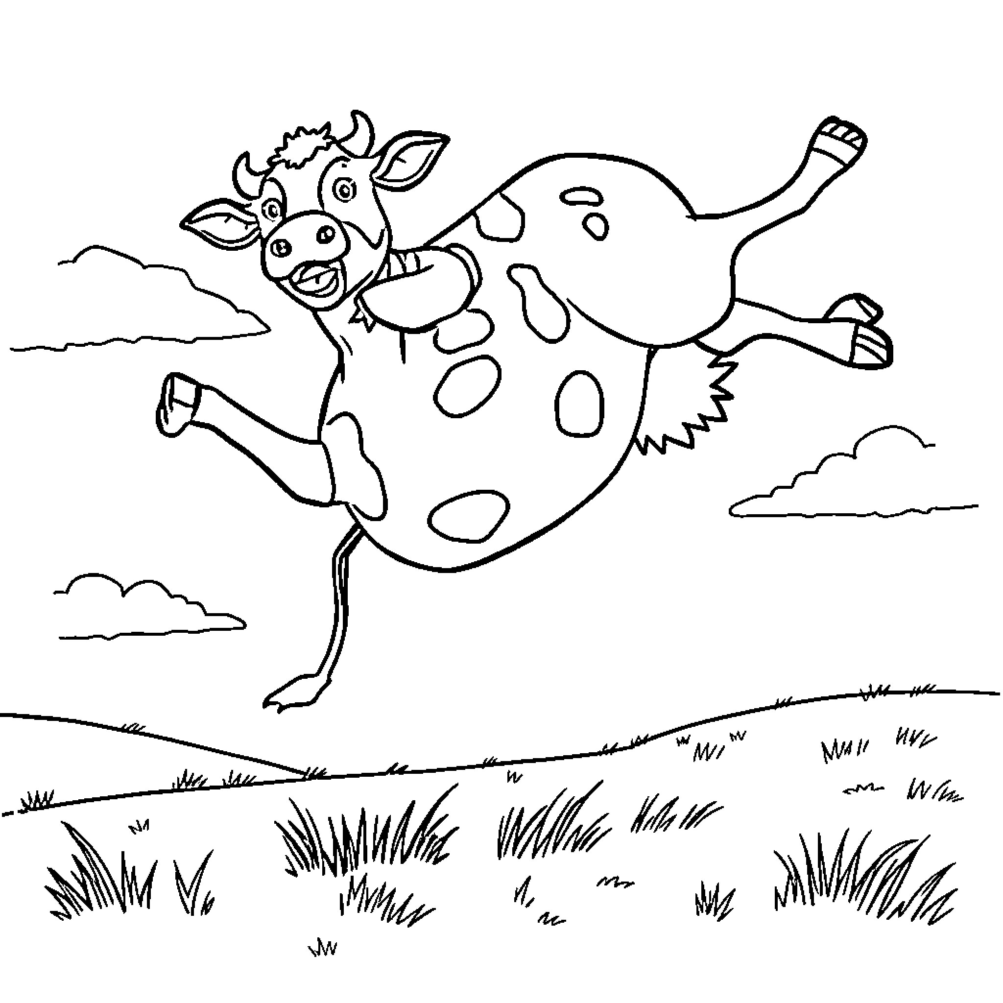 Cow running happily in the field Coloring Page (free black-and-white line drawing printable PDF for all, from beginners to advanced learners, including children, teens, adults, and seniors)