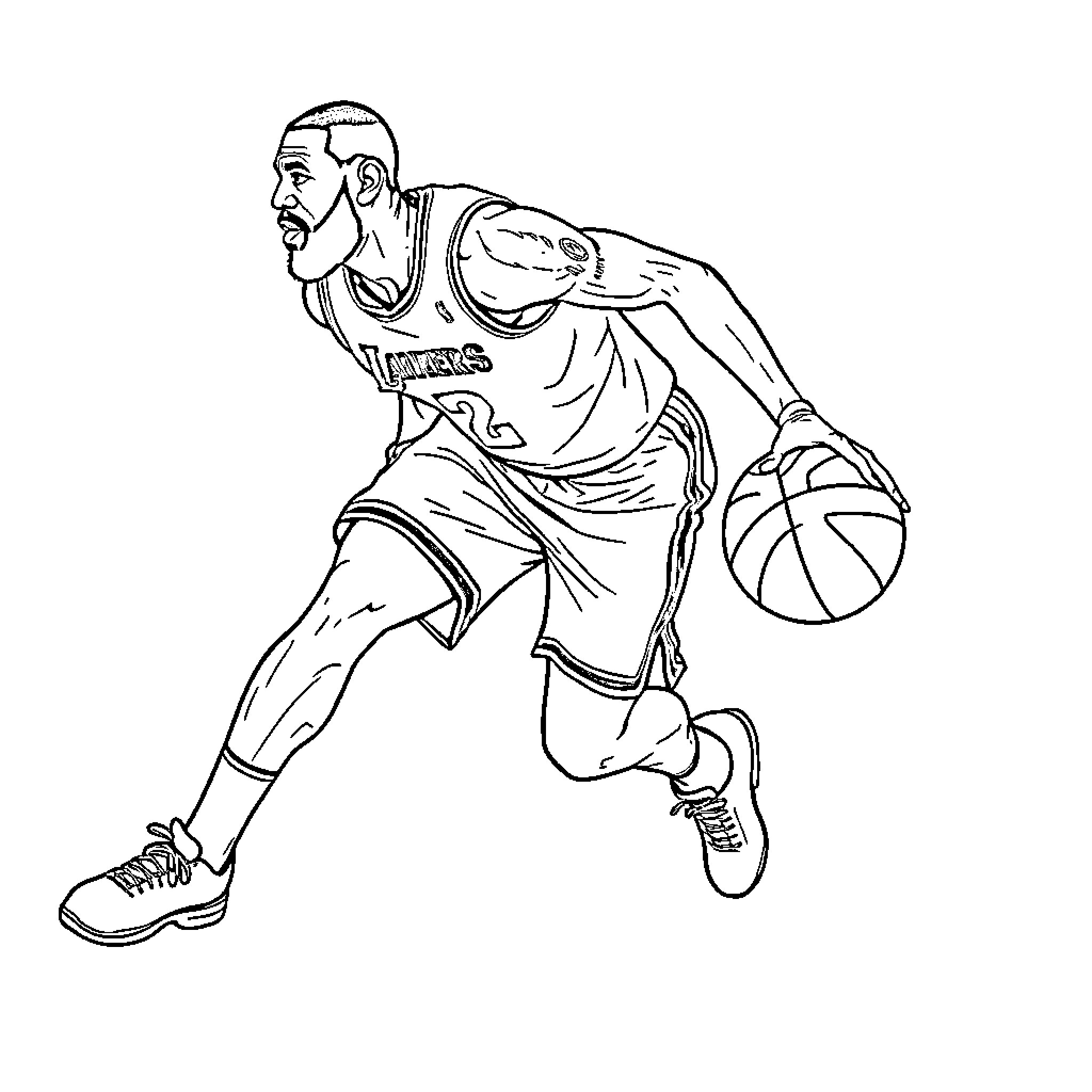 LeBron James playing basketball with energy and determination Coloring Page (free black-and-white line drawing printable PDF for all, from beginners to advanced learners, including children, teens, adults, and seniors)