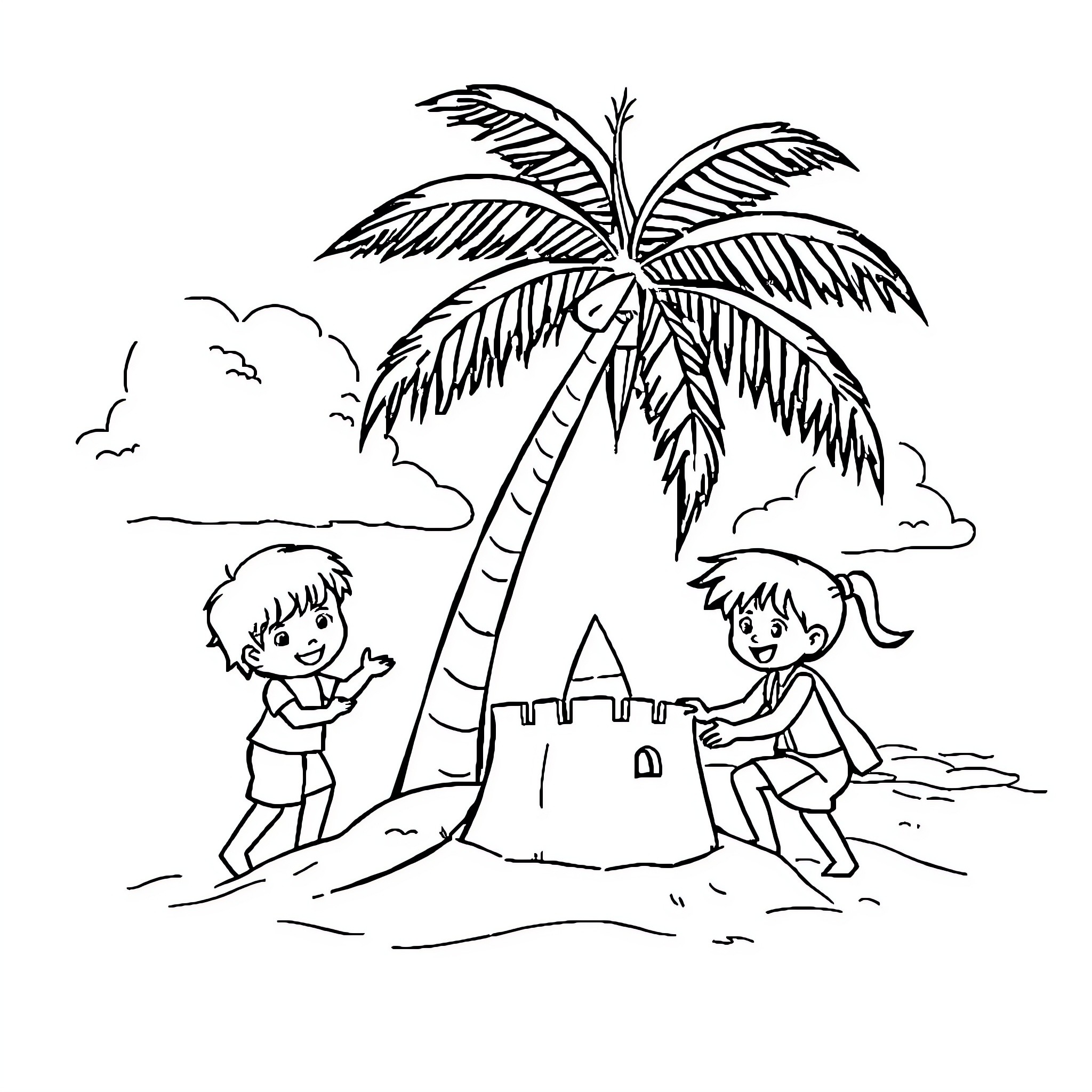 Child playing with sand castle under palm tree Coloring Page (free black-and-white line drawing printable PDF for all, from beginners to advanced learners, including children, teens, adults, and seniors)