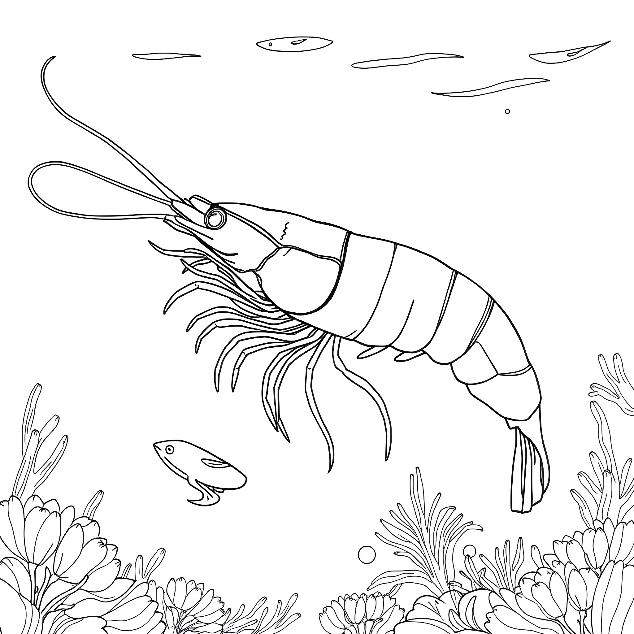 Shrimp swimming among colorful coral reefs Coloring Page (free black-and-white line drawing printable PDF for all, from beginners to advanced learners, including children, teens, adults, and seniors)