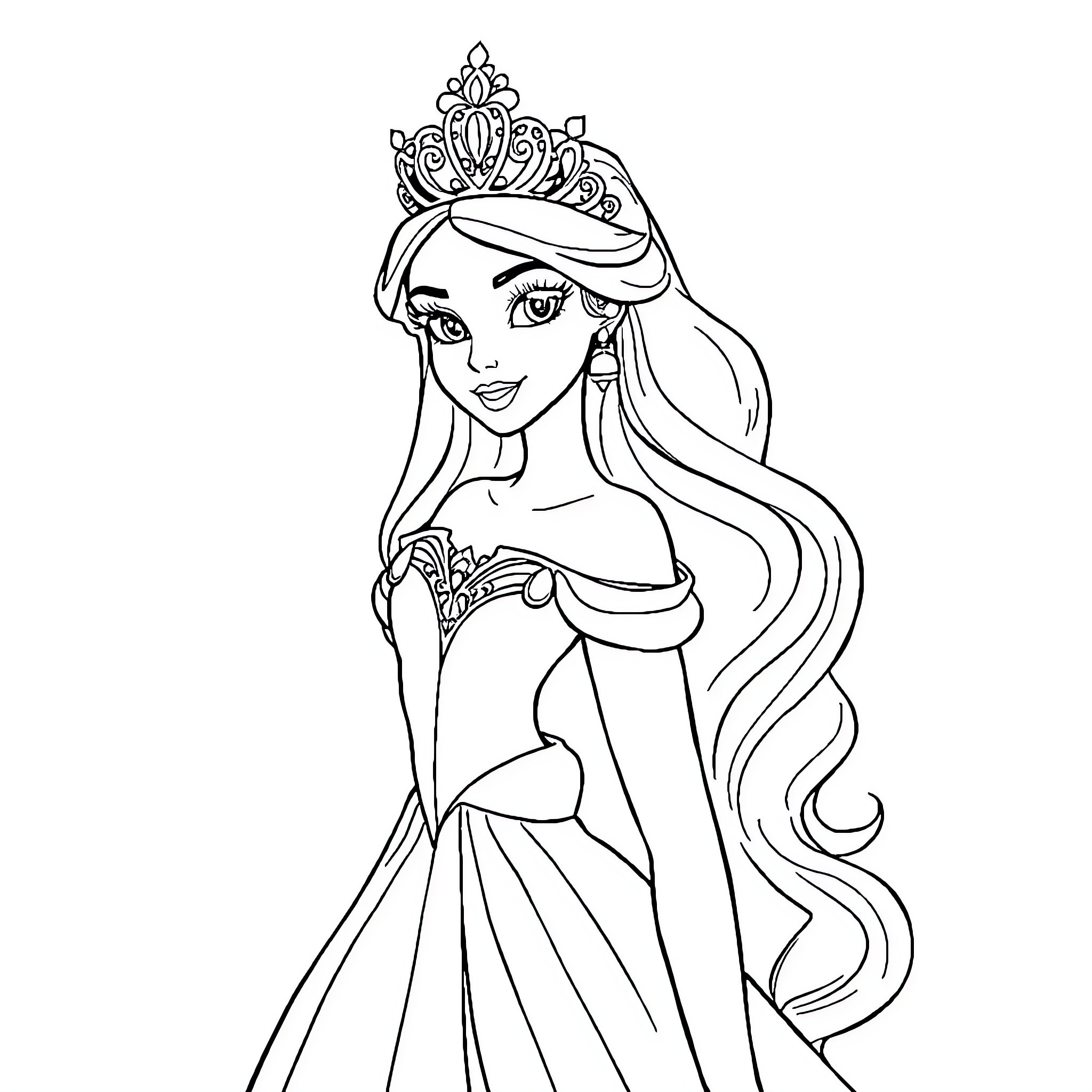 Princess in Elegant Formal Attire Coloring Page (free black-and-white line drawing printable PDF for all, from beginners to advanced learners, including children, teens, adults, and seniors)