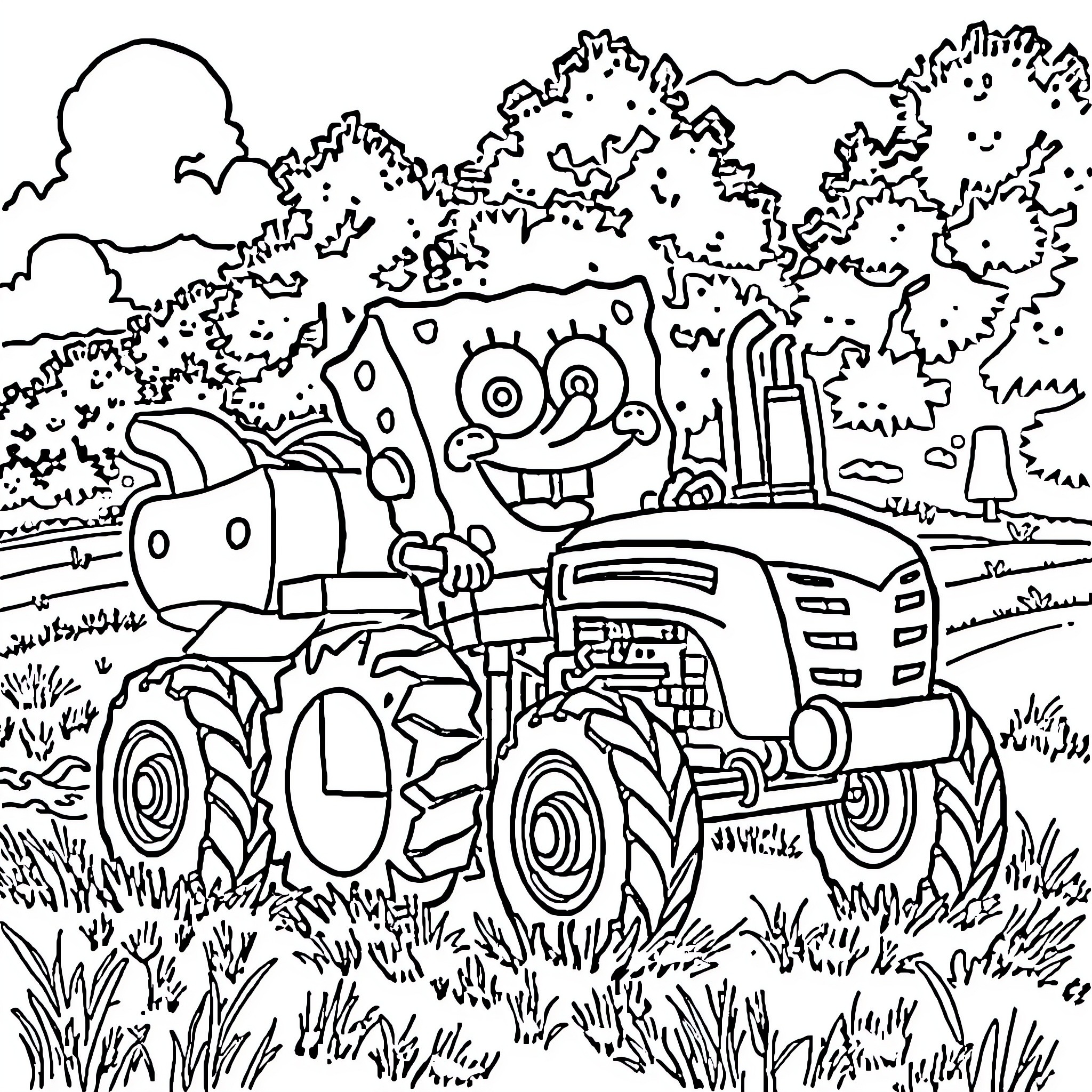 Spongebob driving a tractor through the countryside Coloring Page (free black-and-white line drawing printable PDF for all, from beginners to advanced learners, including children, teens, adults, and seniors)