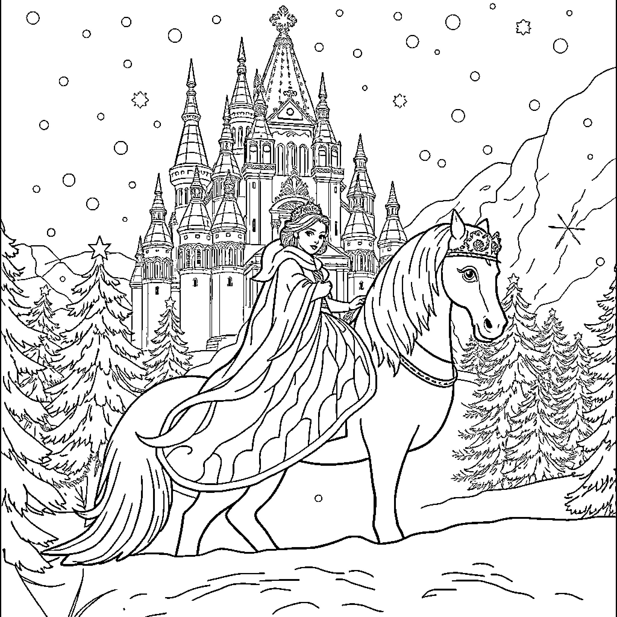 Snow Queen riding a majestic horse in a winter wonderland Coloring Page (free black-and-white line drawing printable PDF for all, from beginners to advanced learners, including children, teens, adults, and seniors)